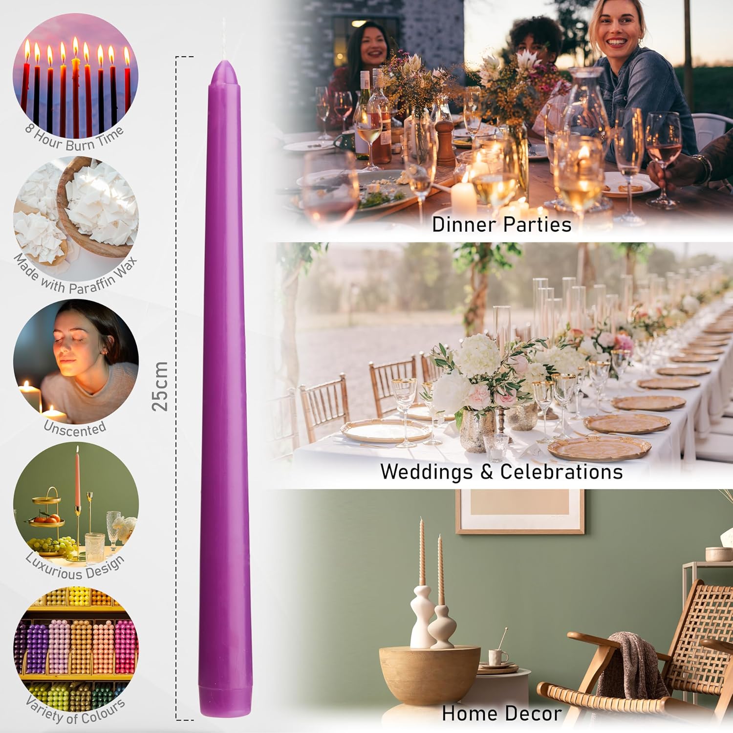 DECO EXPRESS Taper Candles Set of 6, 10, 15 or 50, Long Burning Time up to 8 Hours, Odourless (Purple, Set of 15)