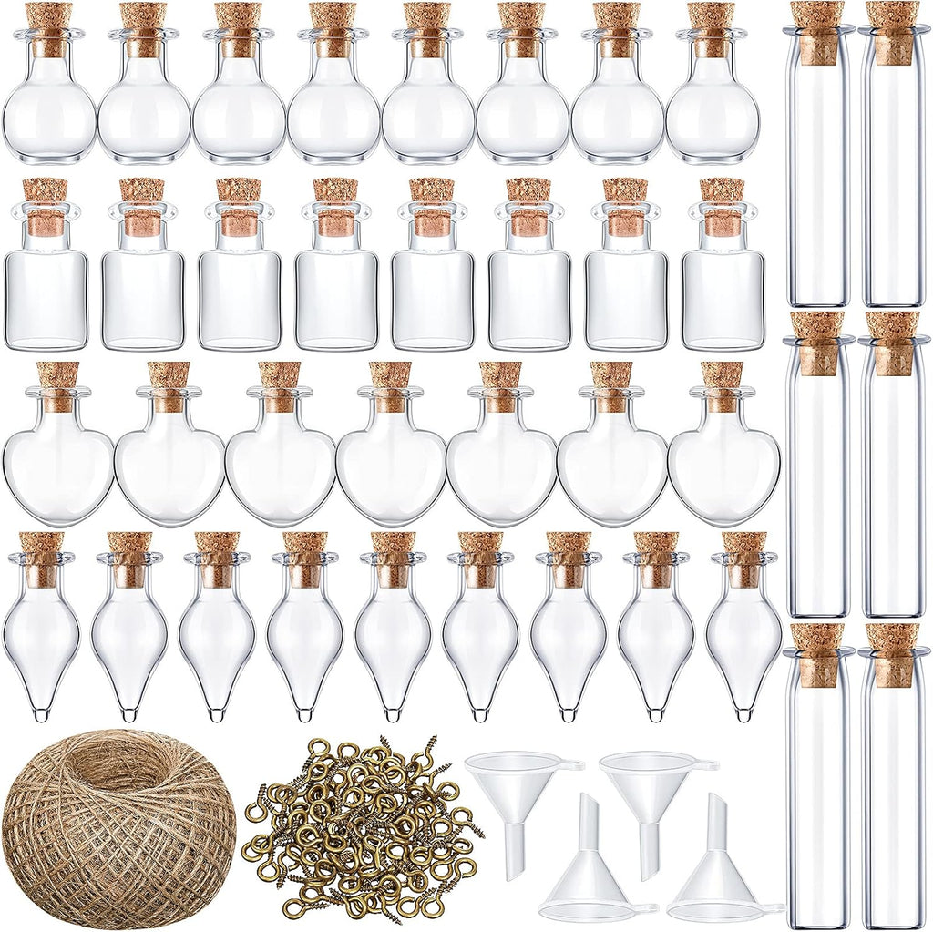 Geiserailie 50 Pcs Mini Glass Jars with Cork Stoppers,Style A,Transparent | With Eye Screws Funnel Jute Twine, 4 Shapes for Spell Jars Wishing Bottles Witchcraft DIY Crafts Party Decor Jewelry Making