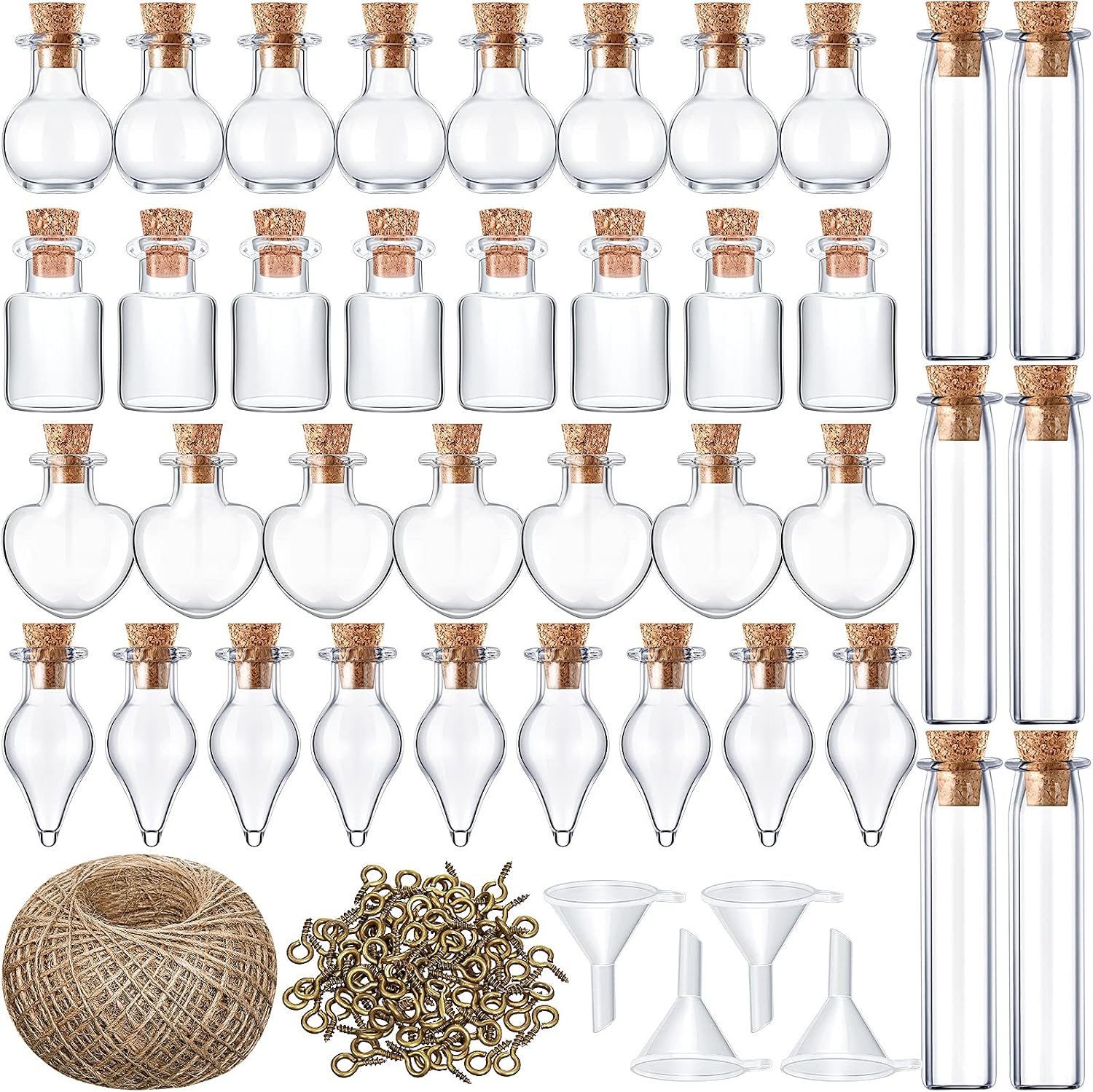 Geiserailie 50 Pcs Mini Glass Jars with Cork Stoppers,Style A,Transparent | With Eye Screws Funnel Jute Twine, 4 Shapes for Spell Jars Wishing Bottles Witchcraft DIY Crafts Party Decor Jewelry Making