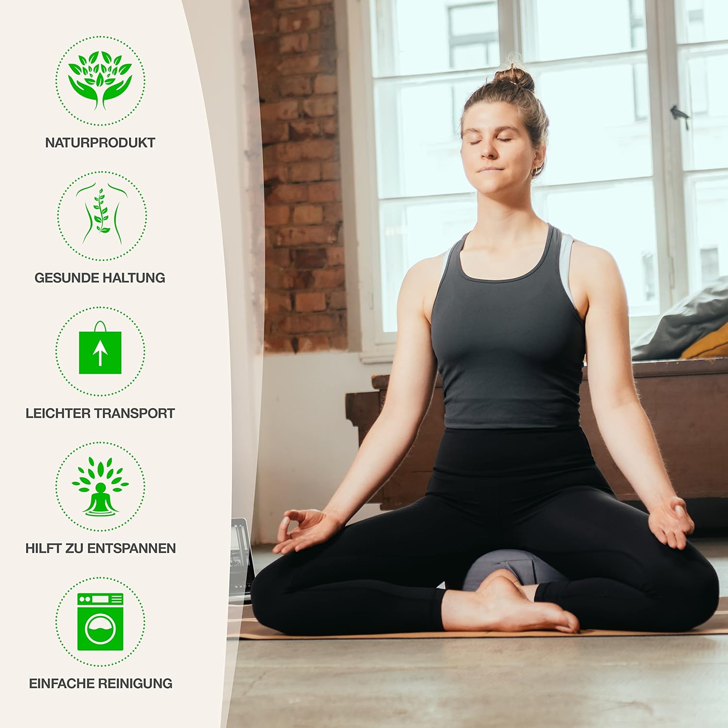 BACKLAXX ® Yoga Kissen, Meditationskissen XL Ø35cm [30% mehr Sitzfläche], 15cm hoch mit Buchweizenfüllung, perfektes Meditation Zubehör, Yogakissen rund inkl. Videokurs - Pouf Sitzkissen Boden
