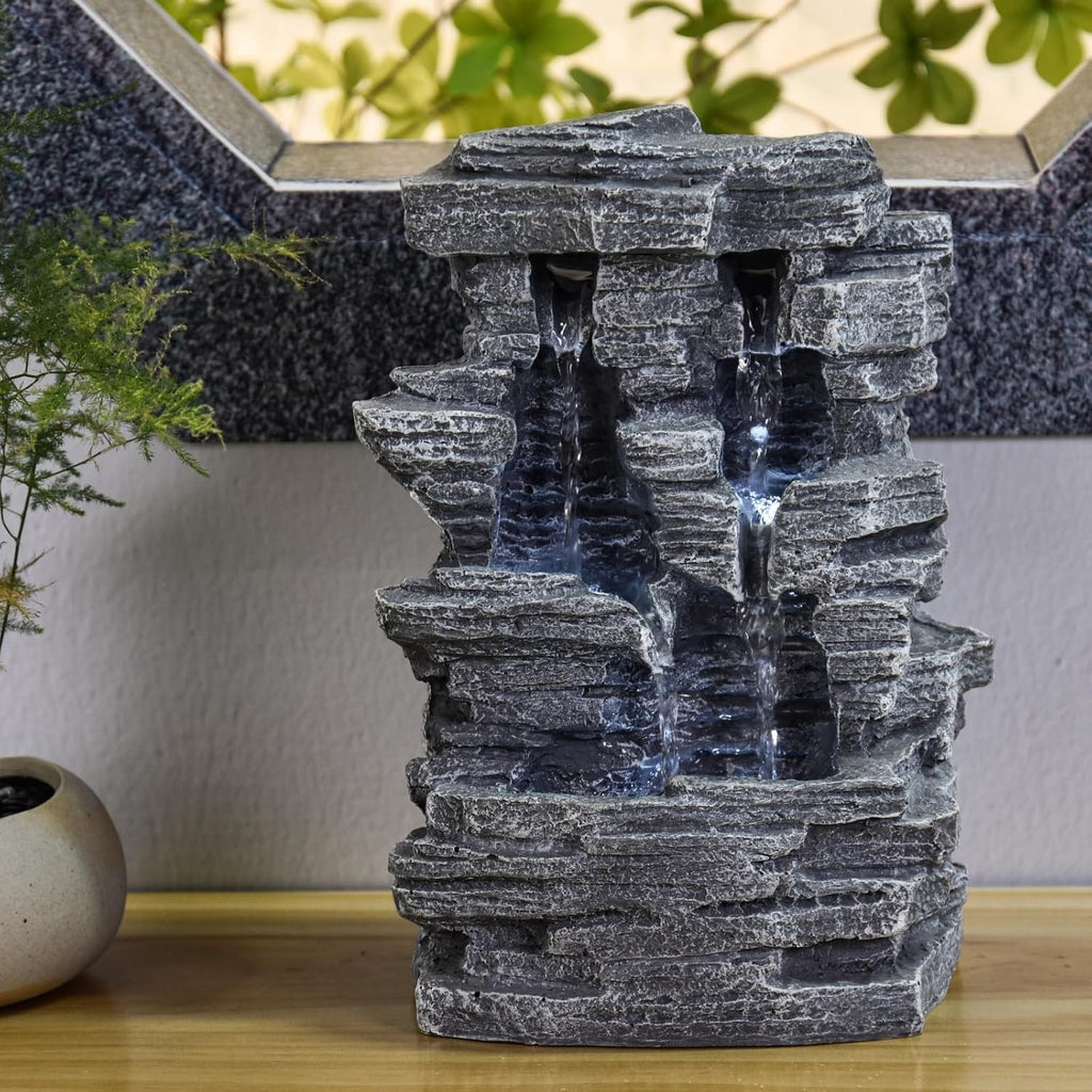 Zen'Light - Zimmerbrunnen Grand Canyon - Wasserfall in Steinoptik - Weiße LED-Beleuchtung - Moderne Zen Deko, Ideal für Meditation & Entspannung - Feng Shui - H 28cm, Grau