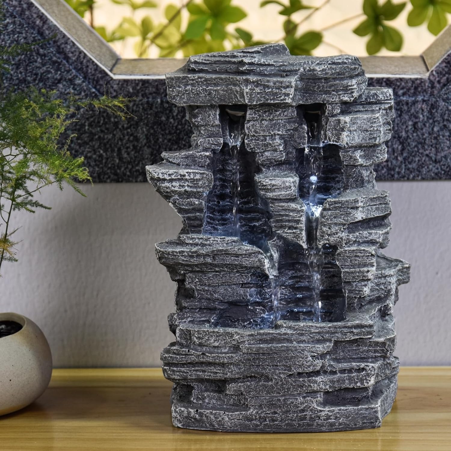Zen'Light - Zimmerbrunnen Grand Canyon - Wasserfall in Steinoptik - Weiße LED-Beleuchtung - Moderne Zen Deko, Ideal für Meditation & Entspannung - Feng Shui - H 28cm, Grau