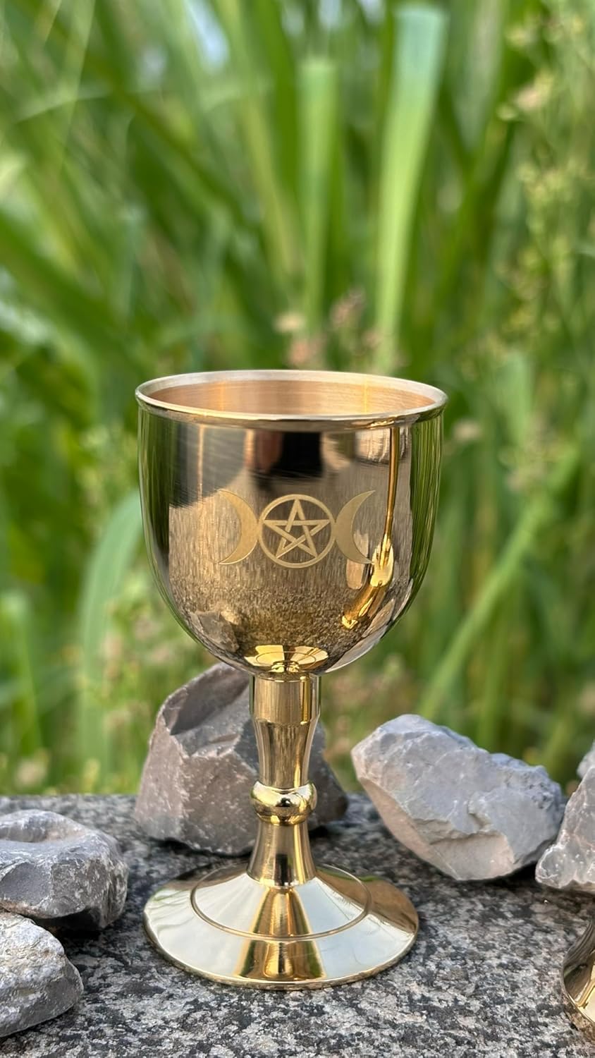 Mini Brass Altar Bell and Altarchalice, Triple Moon Goddess and Pentagram Wiccan Accessories and Tools, Altar Ritual Kit