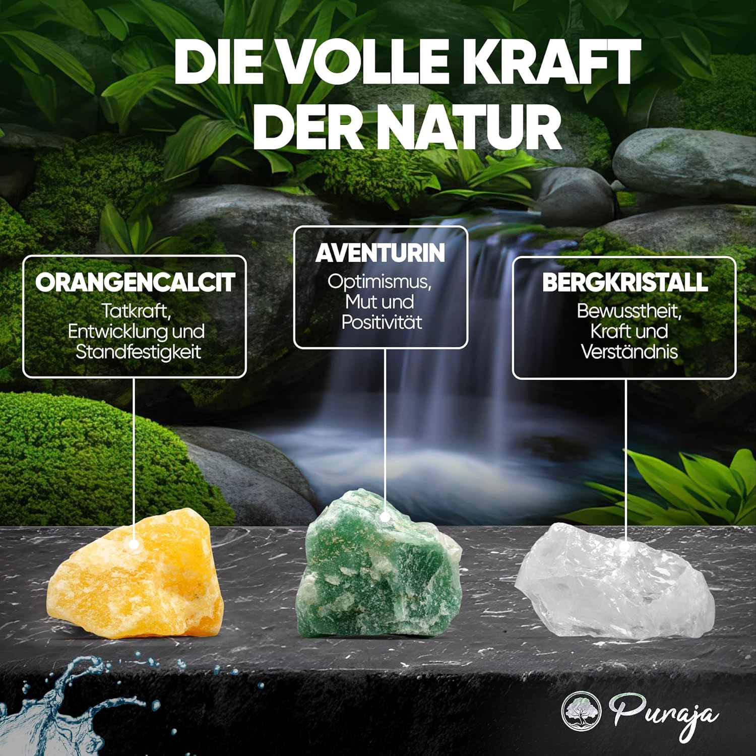 PURAJA Water Stone Mixture Power & Courage Premium Healing Stones Set Made of Real Gemstones: Rock Crystal, Orange Calcite, Aventurine | 100% Natural Crystals