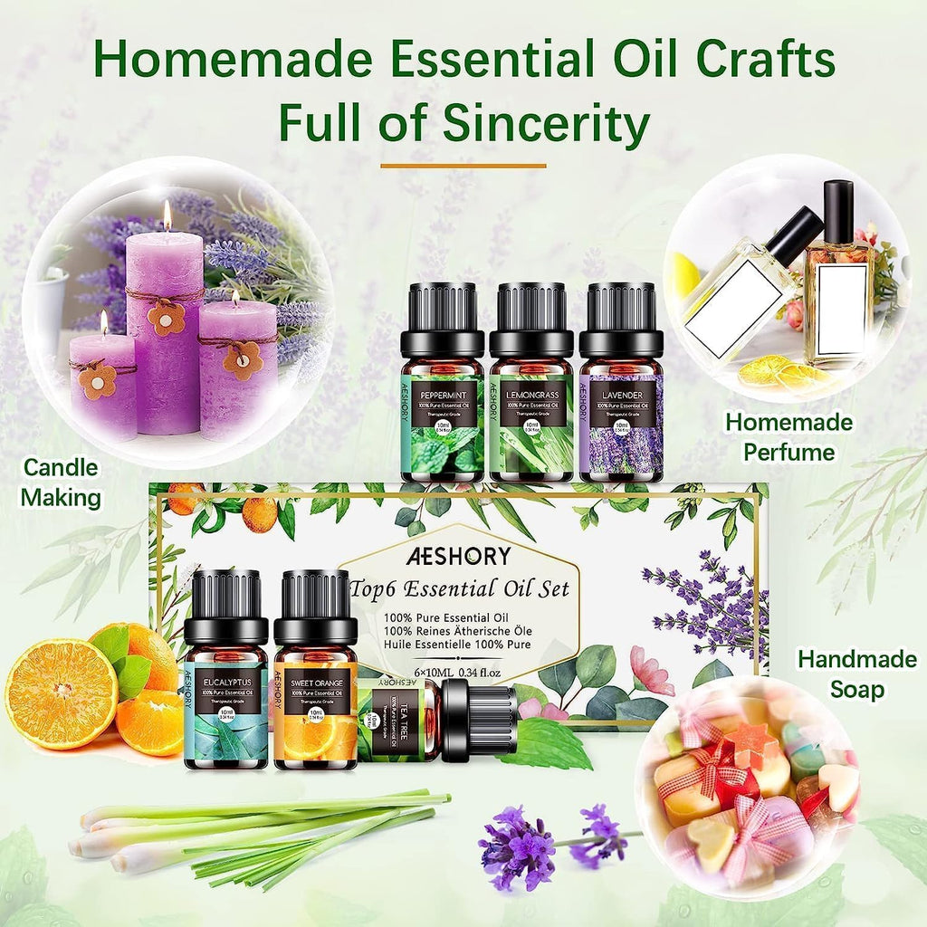 AESHORY Essential Oils Set for Diffuser 6 x 10 ml, 100% Natural Aromatherapy Fragrance Oil, Aroma Oil Gift Set for Soap, Candles, Humidifier, Spa - Lavender, Mint, Tea Tree, Sweet Orange, Eucalyptus