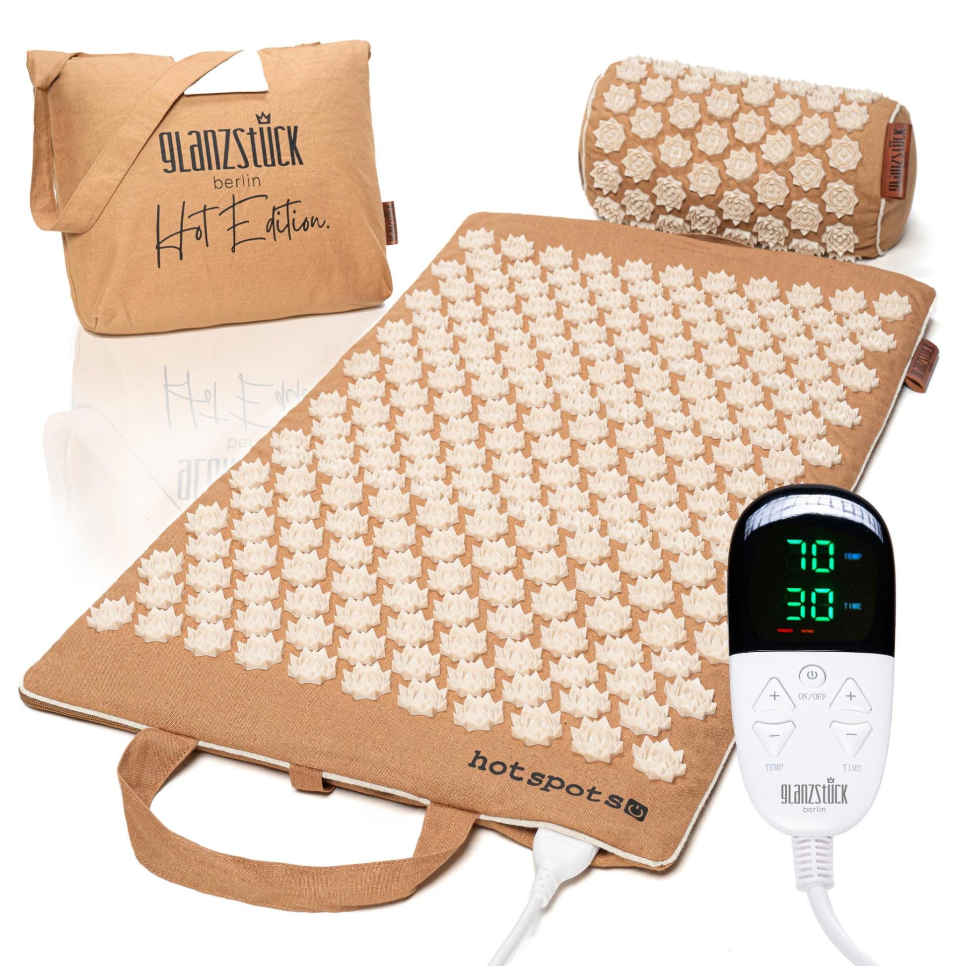 Glanzstück Berlin® Health Collection: XL Akupressurmatte Set ORIGINAL aus Leinen, Hilfe bei Verspannungen, Rückenschmerzen, Massagematte mit Kissen (Wärmefunktion) & Tasche, nachhaltig