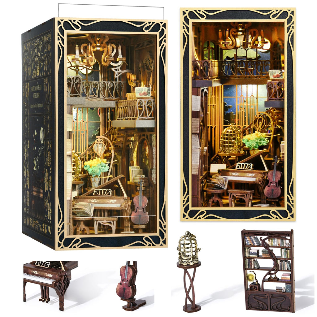 Book Nook Kit, DIY Miniatur Puppenhaus Booknook Kit, 3D Wooden Puzzle Bookend Bookshelf Insert Decor mit LED-Licht und Staubschutzhülle für Jugendliche und Erwachsene (Beyond Library)