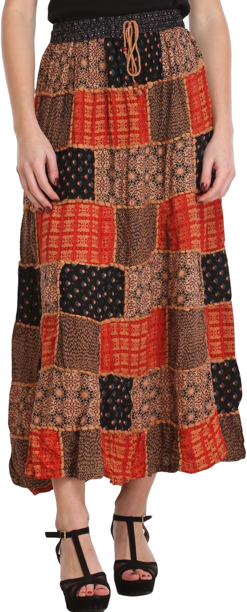 Exotic India Long Printed Dori Skirt from Gujarat with Patch Work - Rayon