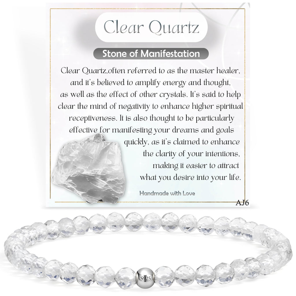 Gemstone Beads Bracelet for Women, 4 mm Crystal Silver 925 Natural Stone Jewellery Elastic Bracelets Women, Chakra Spiritual Charms Bracelets Gifts