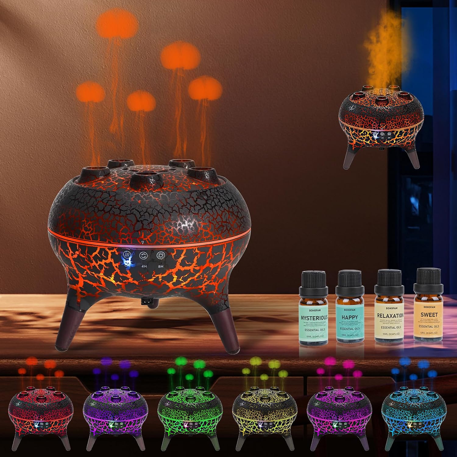 BOHOFAM Jellyfish Essential Oil Diffuser 250ML,Aroma Diffuser Hears Sound to Spray Dancing Jellyfish Mist,7 Colorful Lights, 4 * 10ML Hotel Collection Diffuser Oils Scents for Home Bedroom(Black)