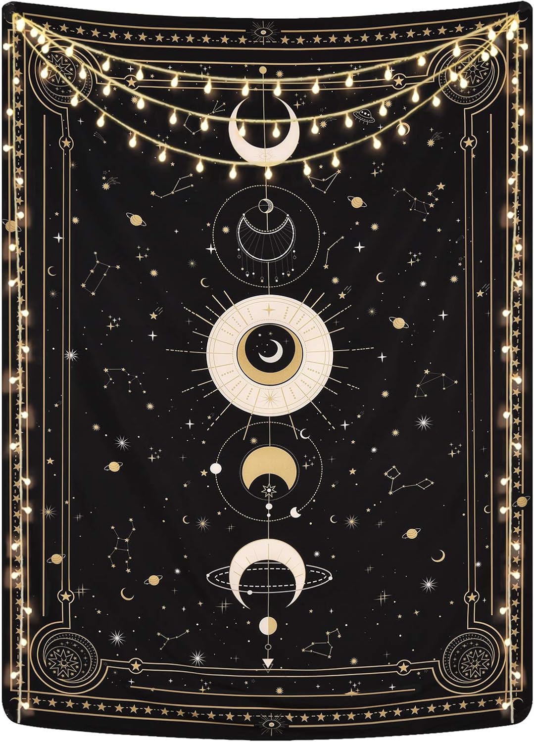 Yugarlibi Mondphasen Wandteppich Mysteriöser Konstellation Sternenhimmel Tarotkarten Wandbehang Ästhetische Retro Astrologie Wandkunst für Schlafzimmer Wohnzimmer Schwarz 150x130cm