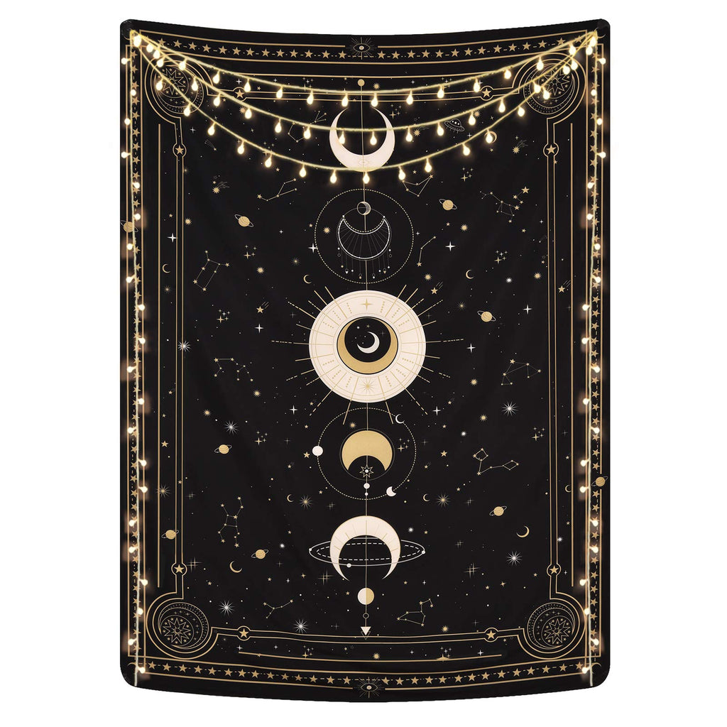 Yugarlibi Mondphasen Wandteppich Mysteriöser Konstellation Sternenhimmel Tarotkarten Wandbehang Ästhetische Retro Astrologie Wandkunst für Schlafzimmer Wohnzimmer Schwarz 150x130cm