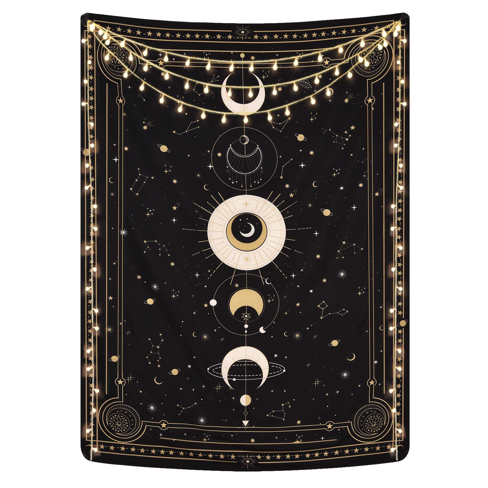 Yugarlibi Mondphasen Wandteppich Mysteriöser Konstellation Sternenhimmel Tarotkarten Wandbehang Ästhetische Retro Astrologie Wandkunst für Schlafzimmer Wohnzimmer Schwarz 150x130cm