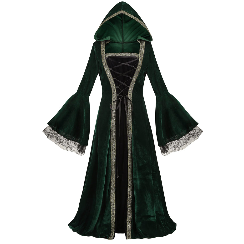 Colorful House Women Medieval Tea Party Dress Victorian Era Bubble Sleeves Velvet High Waist Long Dress with Belt and Gloves