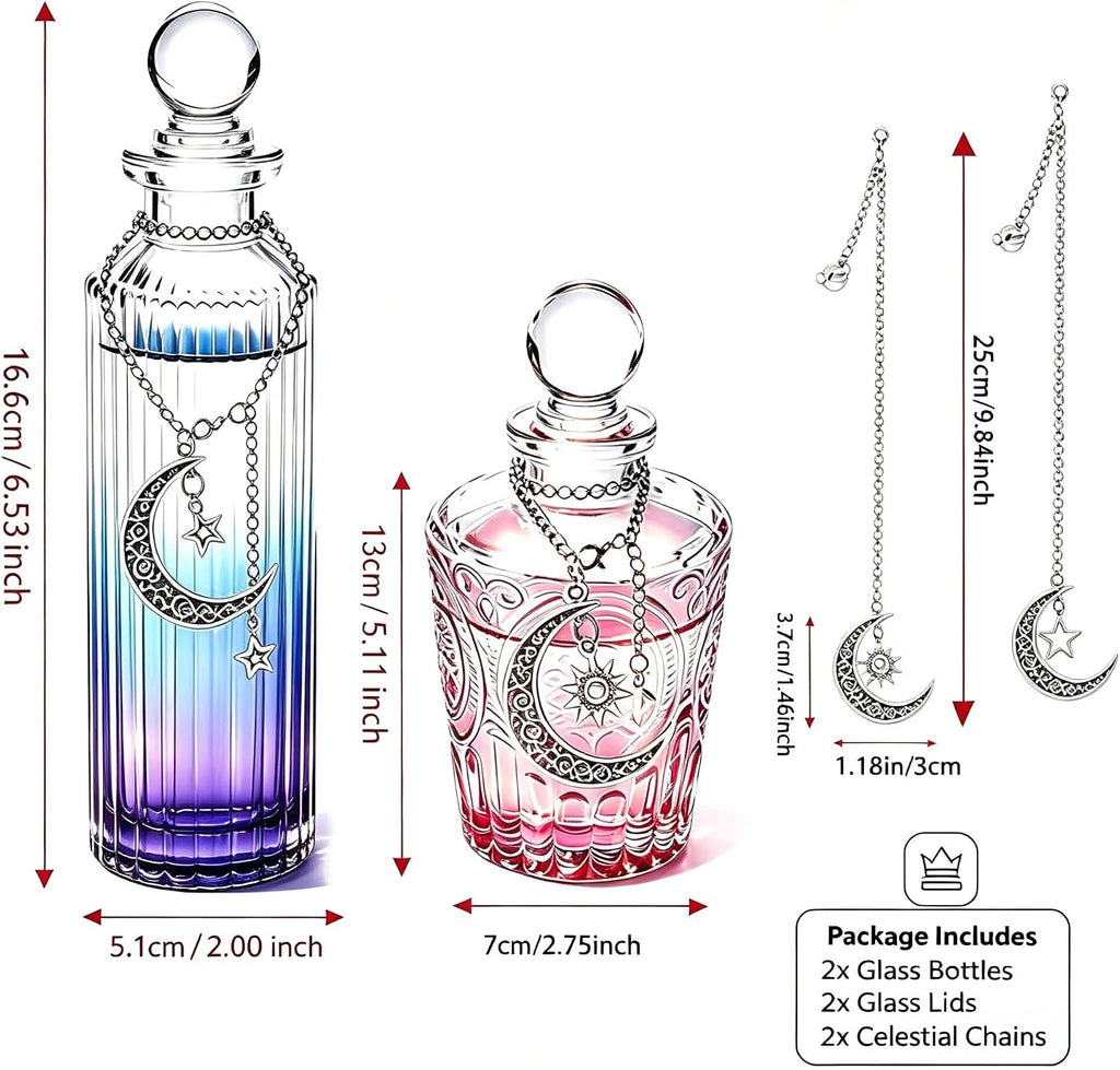 2PC Moon Water Bottle Set Glass Apothecary Jar with Lid & 2 Moon Chains for Spell & Potion Crafting Meditation Intention Setting Witchcraft Supplies (Indigo Third-Eye Intuition (2PC))