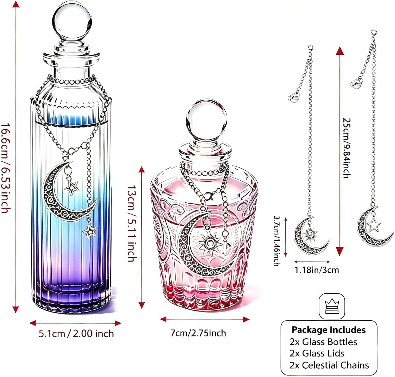 2PC Moon Water Bottle Set Glass Apothecary Jar with Lid & 2 Moon Chains for Spell & Potion Crafting Meditation Intention Setting Witchcraft Supplies (Indigo Third-Eye Intuition (2PC))