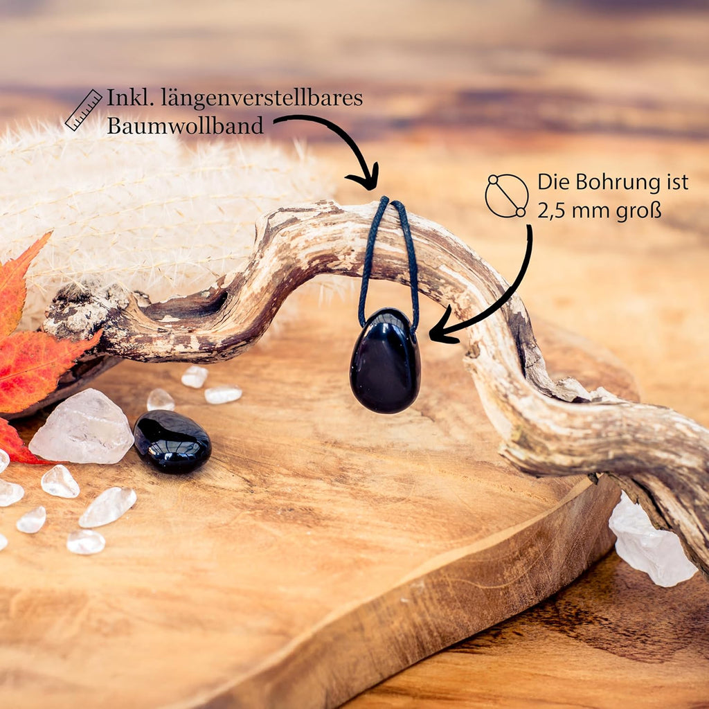 Lebensquelle Plus Schwarzer Obsidian Tropfenanhänger | Gebohrter Trommelstein Anhänger mit Baumwollband | Hochwertiger Edelsteinanhänger