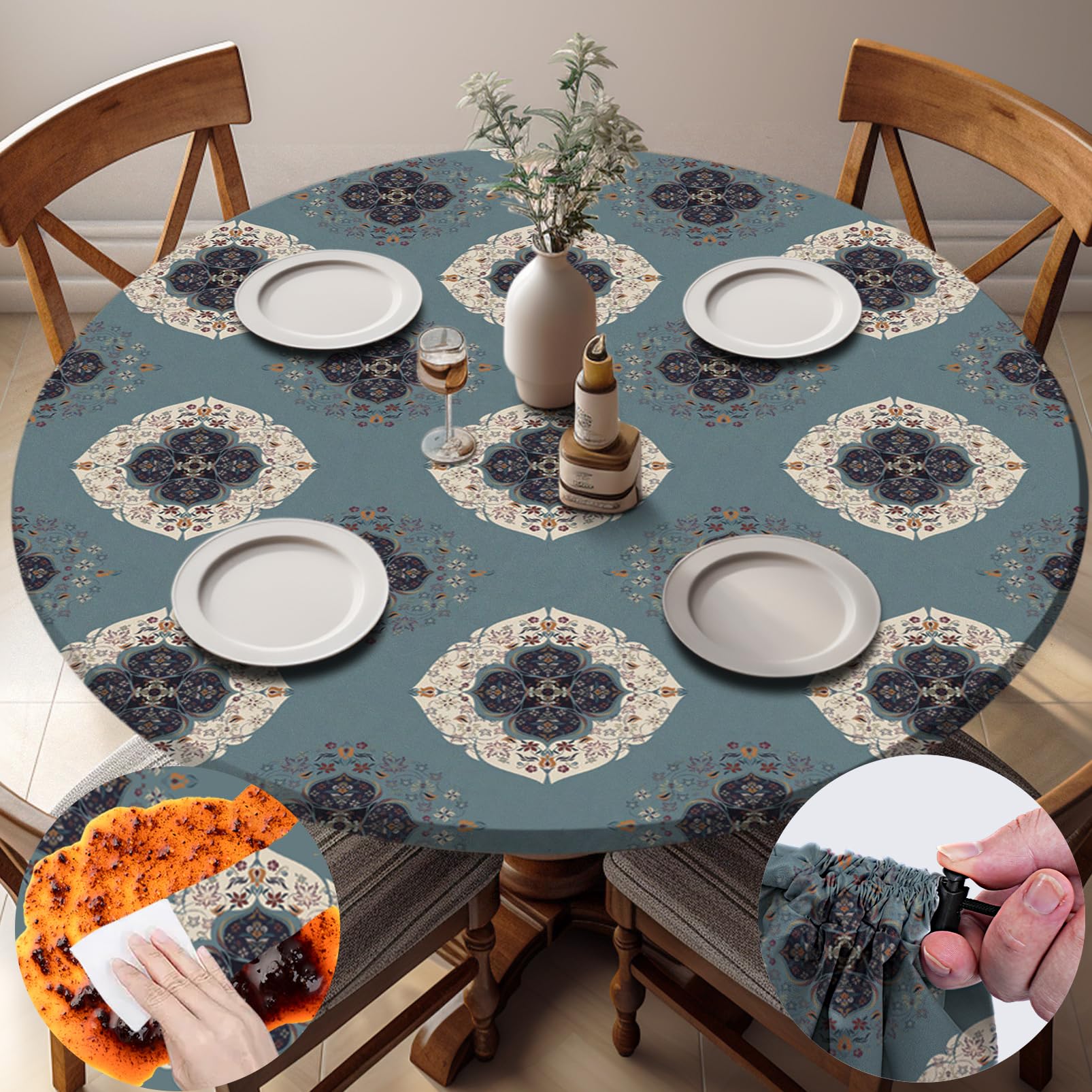 opstellen Fitted Round Tablecloth Waterproof Table Cloth Vinyl Indoor Outdoor Circle Cover for 36-44" Tables Dining Kitchen Apartment Home Party Gear Gifts Summer Fall Patio Picnic Camping Essentials
