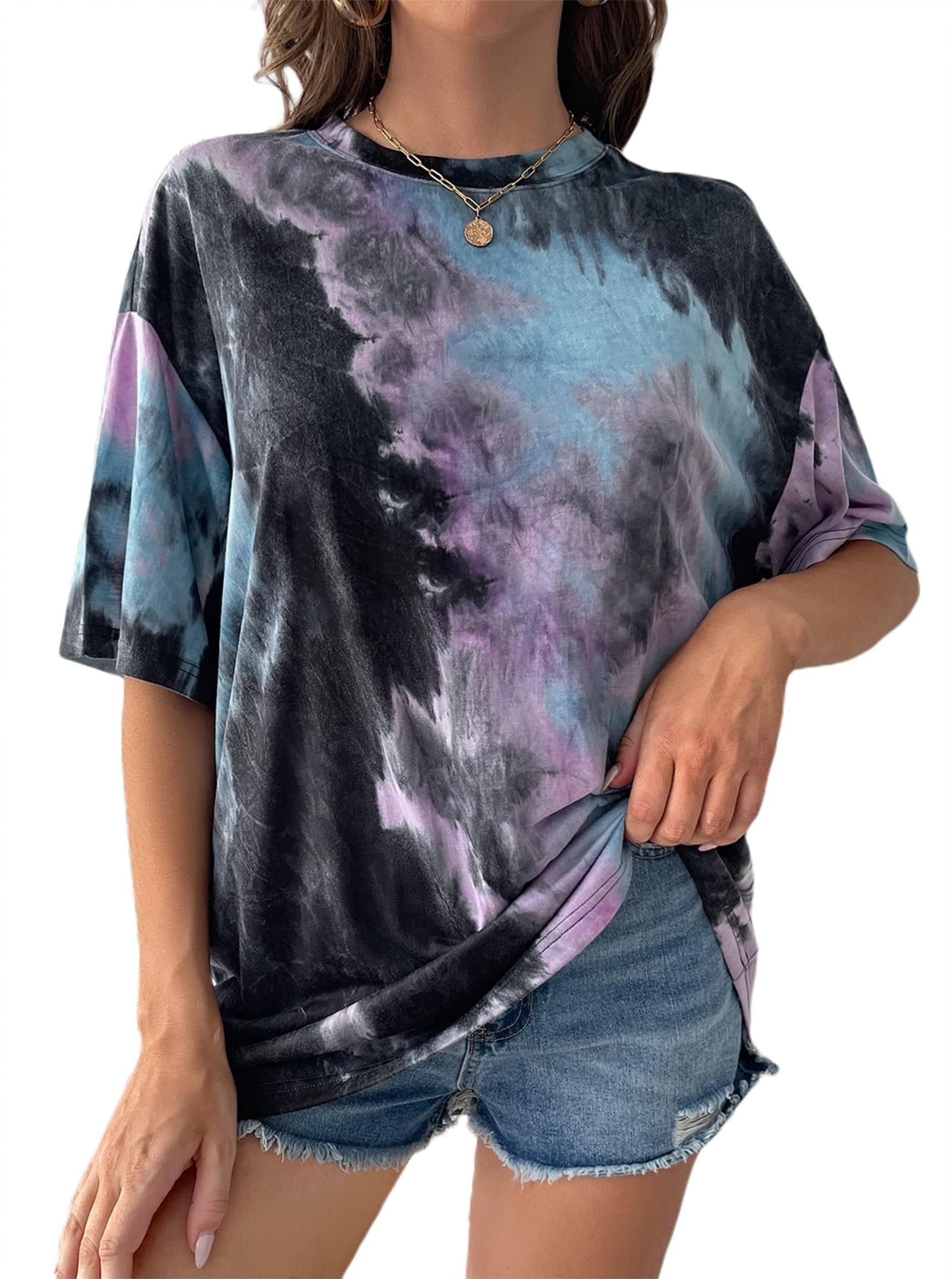 Remidoo Women's Casual Oversized T Shirt Short Sleeve Graphic Tee Letter Tie Dye Shirts