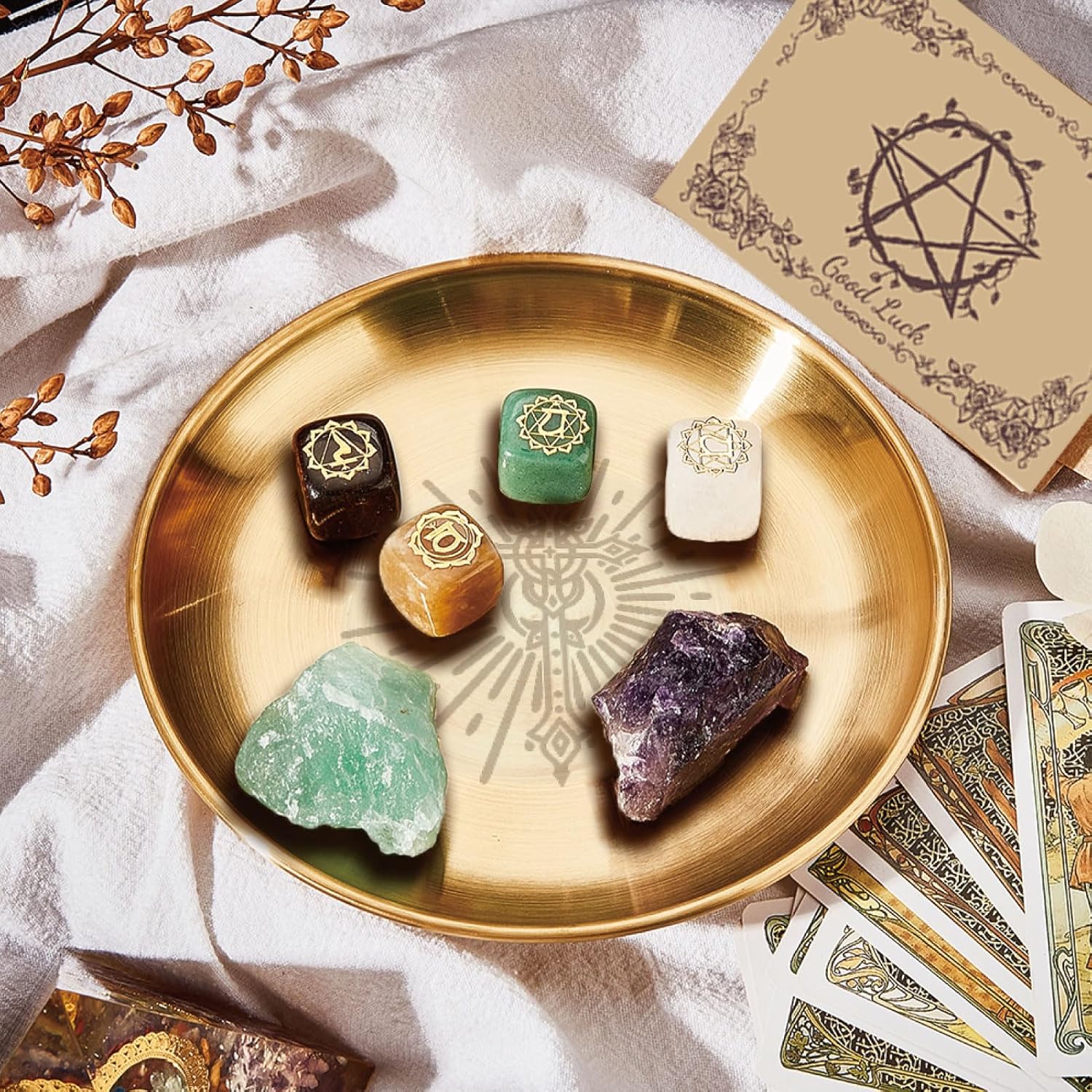 CREATCABIN Kreuz Opferschale Altar Ritualplatte Edelstahl Goldene Kristall Aufbewahrung Flache Schale Rundes Tablett Gebetsschale Kerzenhalter Schmuckschale Zum Räuchern Räuchergefäß 14x14cm