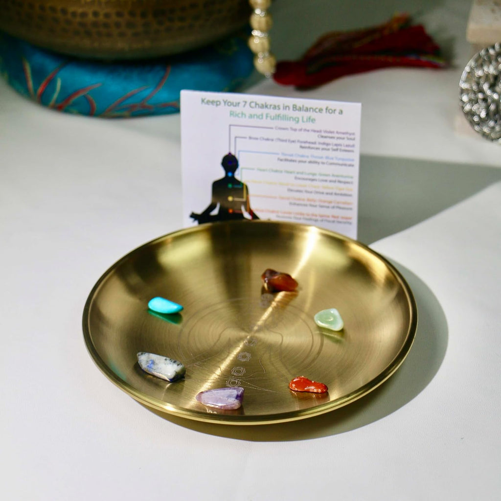 Amitofo Golden Prayer Ritual Bowl with Chakra Gemstone Ideal for Altar, Meditation, Incense Sticks, Smudging, Candles, Crystal, Jewelry, Yoga (Chakra)