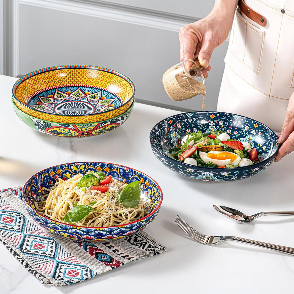 HENXFEN LEAD Salatschüsseln Porzellan, Suppenteller Pastateller Pastaschüssel, Große Servierschalen für Pasta, Nudeln, Salat, Suppe usw. Bunte, 4er Pack - Bohemian Style