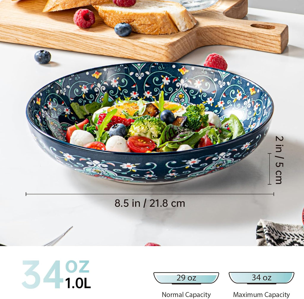 HENXFEN LEAD Salatschüsseln Porzellan, Suppenteller Pastateller Pastaschüssel, Große Servierschalen für Pasta, Nudeln, Salat, Suppe usw. Bunte, 4er Pack - Bohemian Style