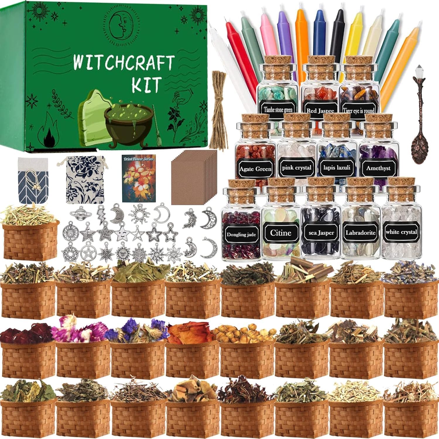 Witchcraft Supplies Kit, 85 PCS Wiccan Supplies and Tools | Include Dried Herbs, Crystal Jars, Colored Candles and Parchments, for Beginners Witches Pagan Altar Decor