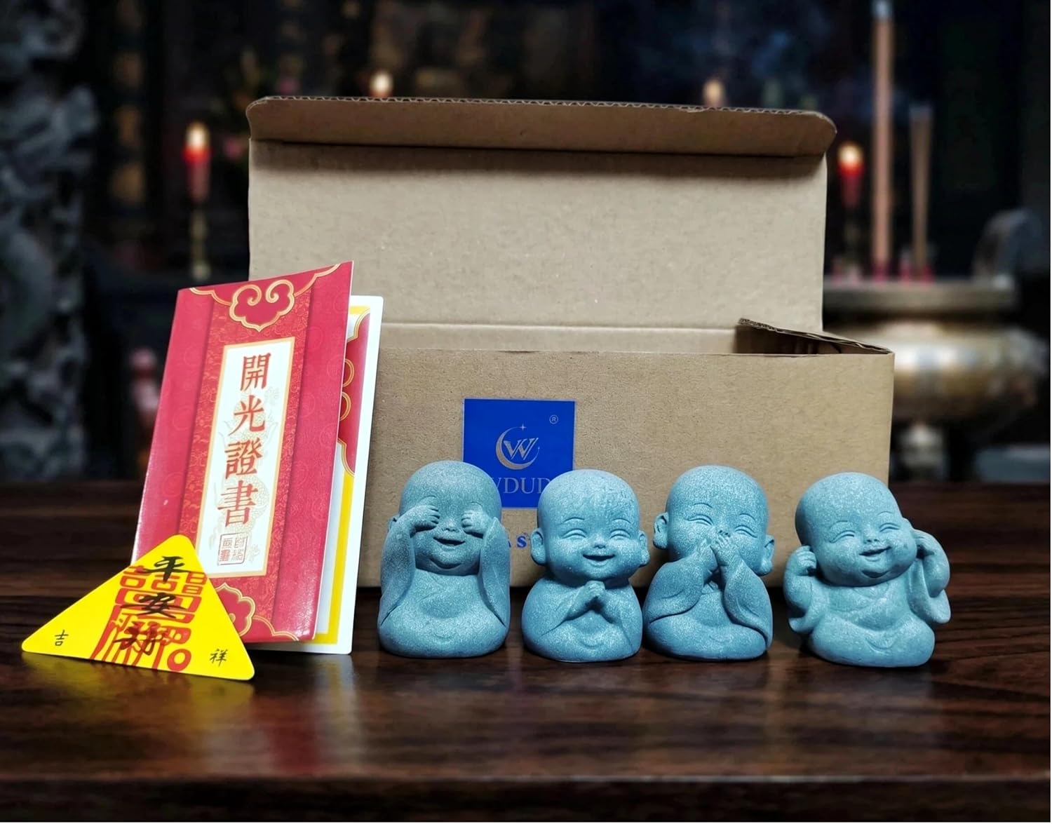 4-in-1 Mini Buddha Statue Set - See/Hear/Speak/Think No Evil, Zen Feng Shui Decor for Home, Aquarium, Garden, Office - Spiritual Resin Figurines with Blessing Amulet (Mini Buddha Statue)