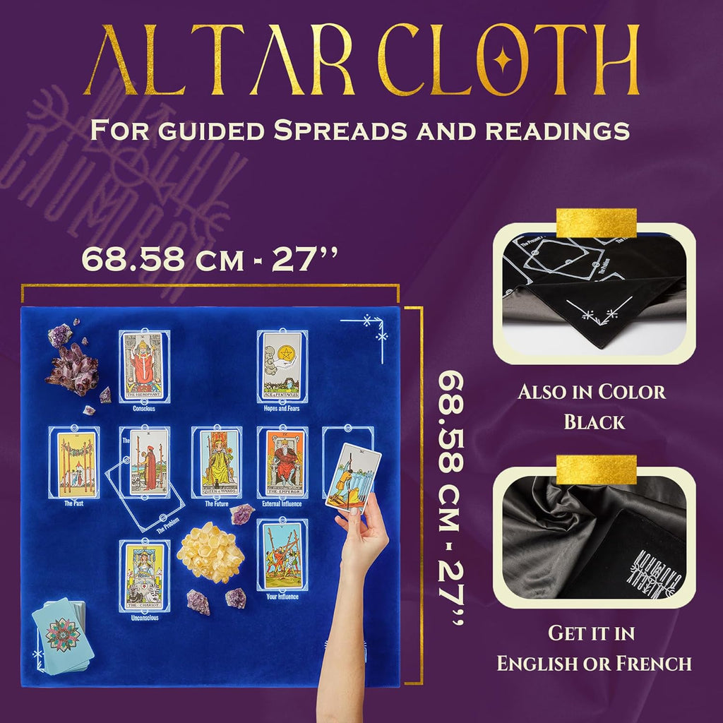 Tarot Divination Table Cloth for Reading and Altar Cloth Moon Alter, Cloth Witchy Embroidery Velvet Silk Touch Satin Celtic Cross (Blue)