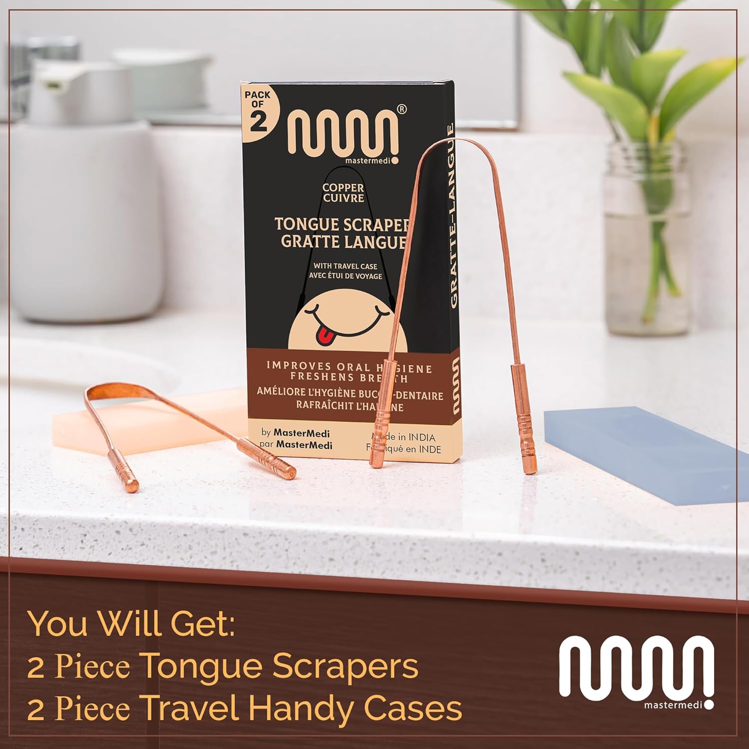 MasterMedi 100% reines kupfer zungenschaber mit reiseetui - 2 pack all natural ayurveda zungenreiniger, bannt mundgeruch und pflegt mundhygiene, groß grip (Set of 2 (Copper Tongue Scraper))