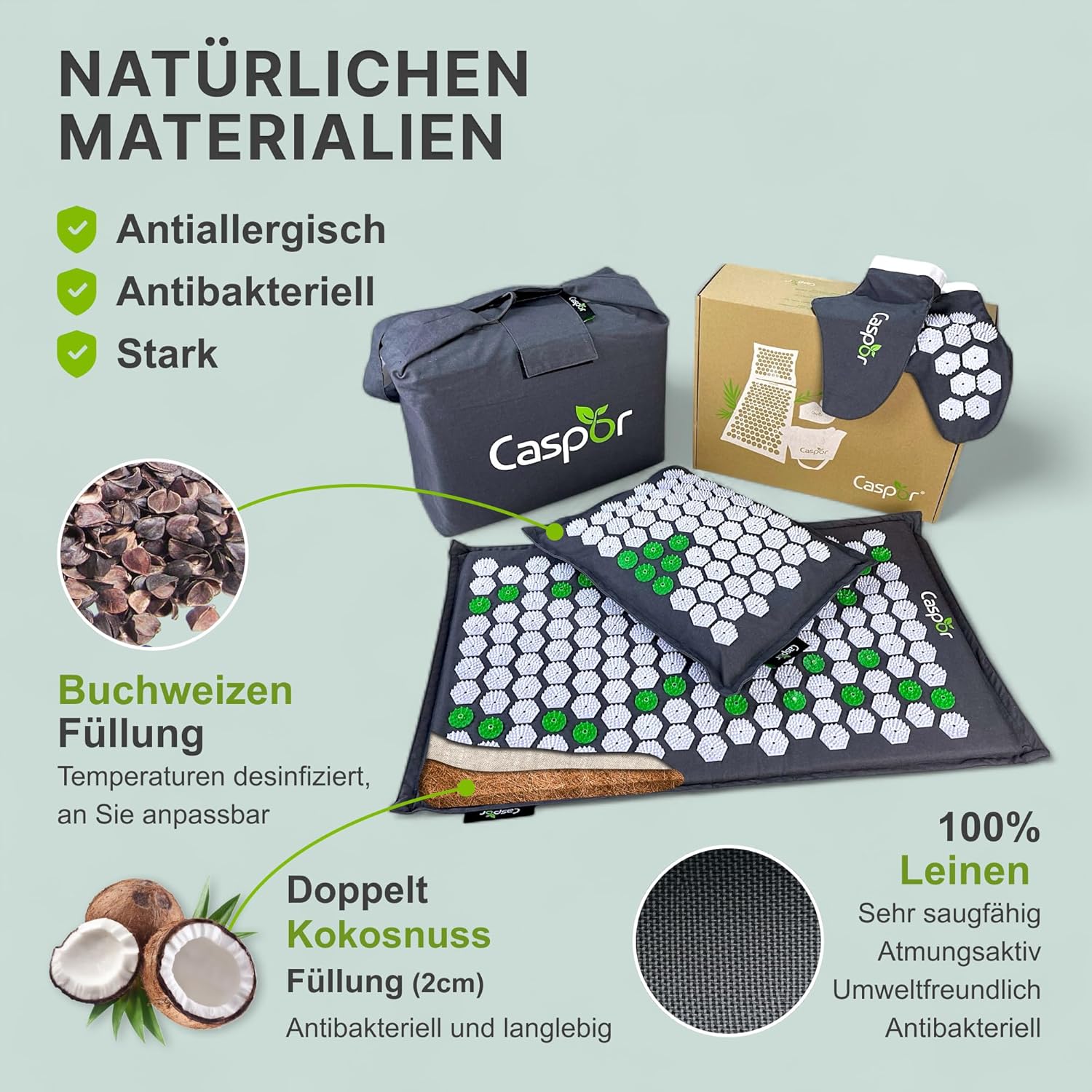 Akupressurmatte Set mit Kissen, Tasche, Massagehandschuhe, akupunktur matte, Entspannung geschenk, massagematte, akkupressmatte Hilfe bei Verspannungen, Rückenschmerzen - Caspor®