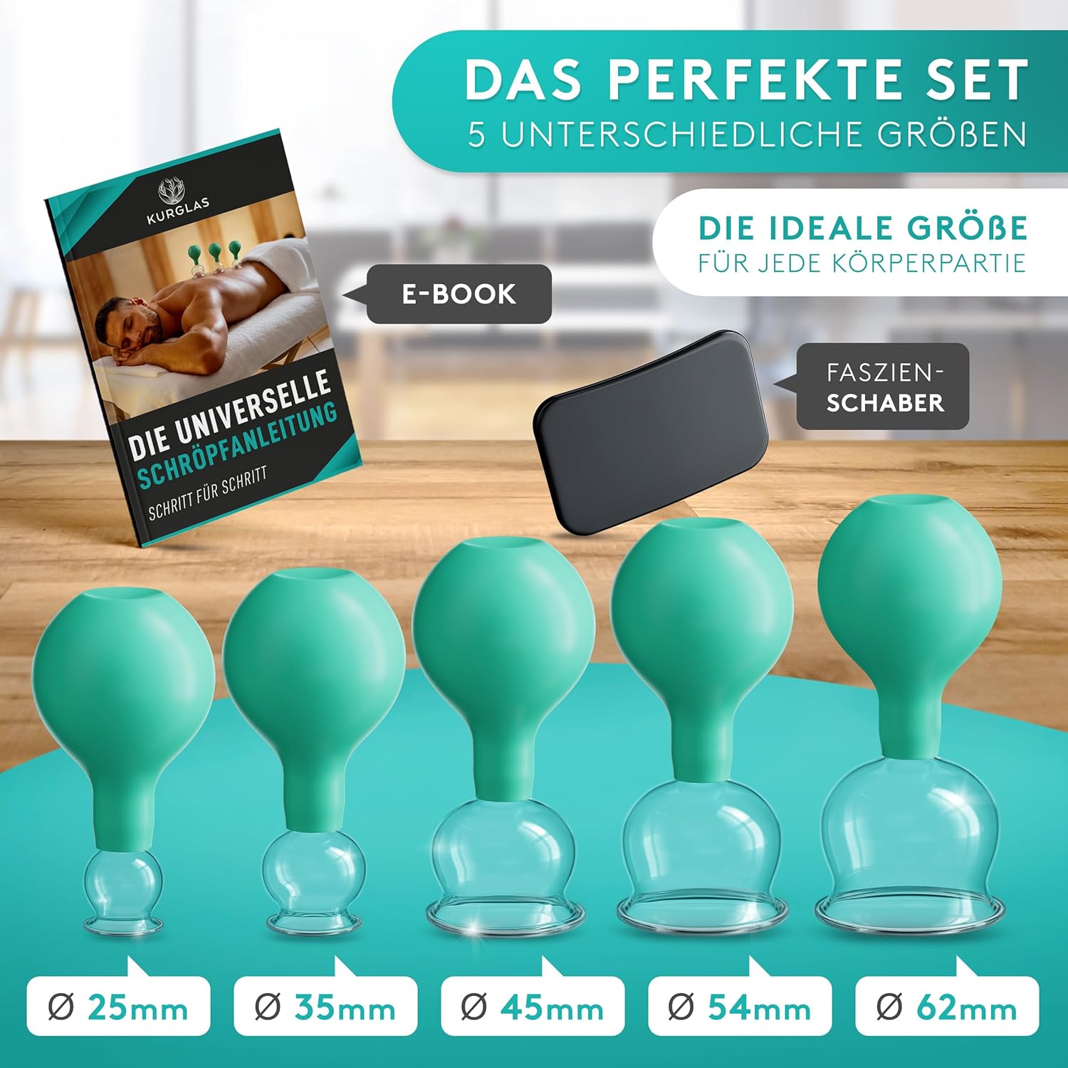 KURGLAS Cupping Glasses Made of Real Glass [Pack of 5] - Medical Cupping with Suction Ball and Fascia Scraper - with Strong Suction Power - Cupping Set with E-Book - Against Tension & Cellulite