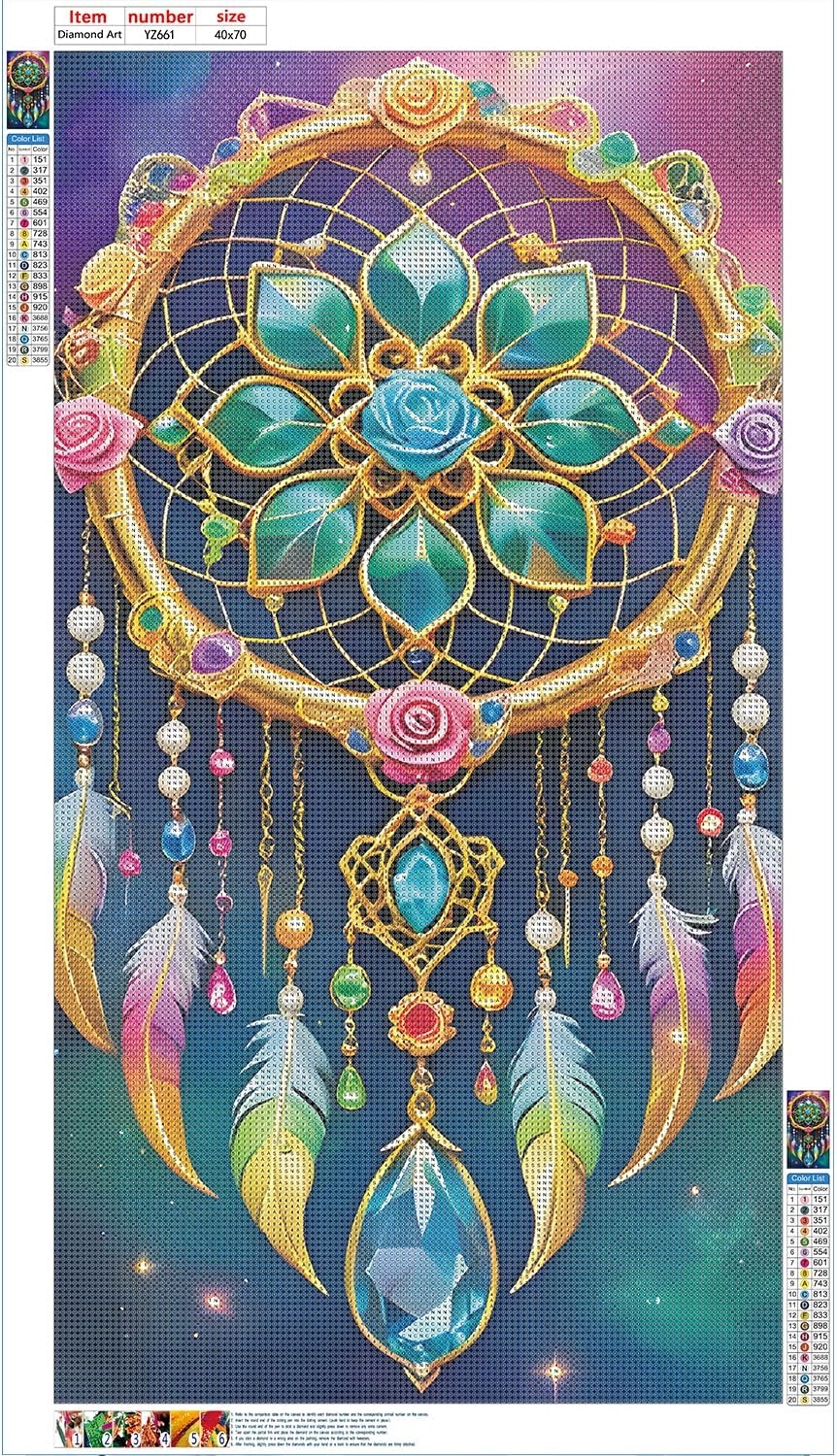 DPHERO DIY Traumfänger Diamant Painting Kits Bilder für Erwachsene Anfänger,5D Mandala Diamond Painting Set,DIY Runde Steine Feder Diamant Kunst Kits, Diamant Art für Zuhause Dekor 40x70 cm