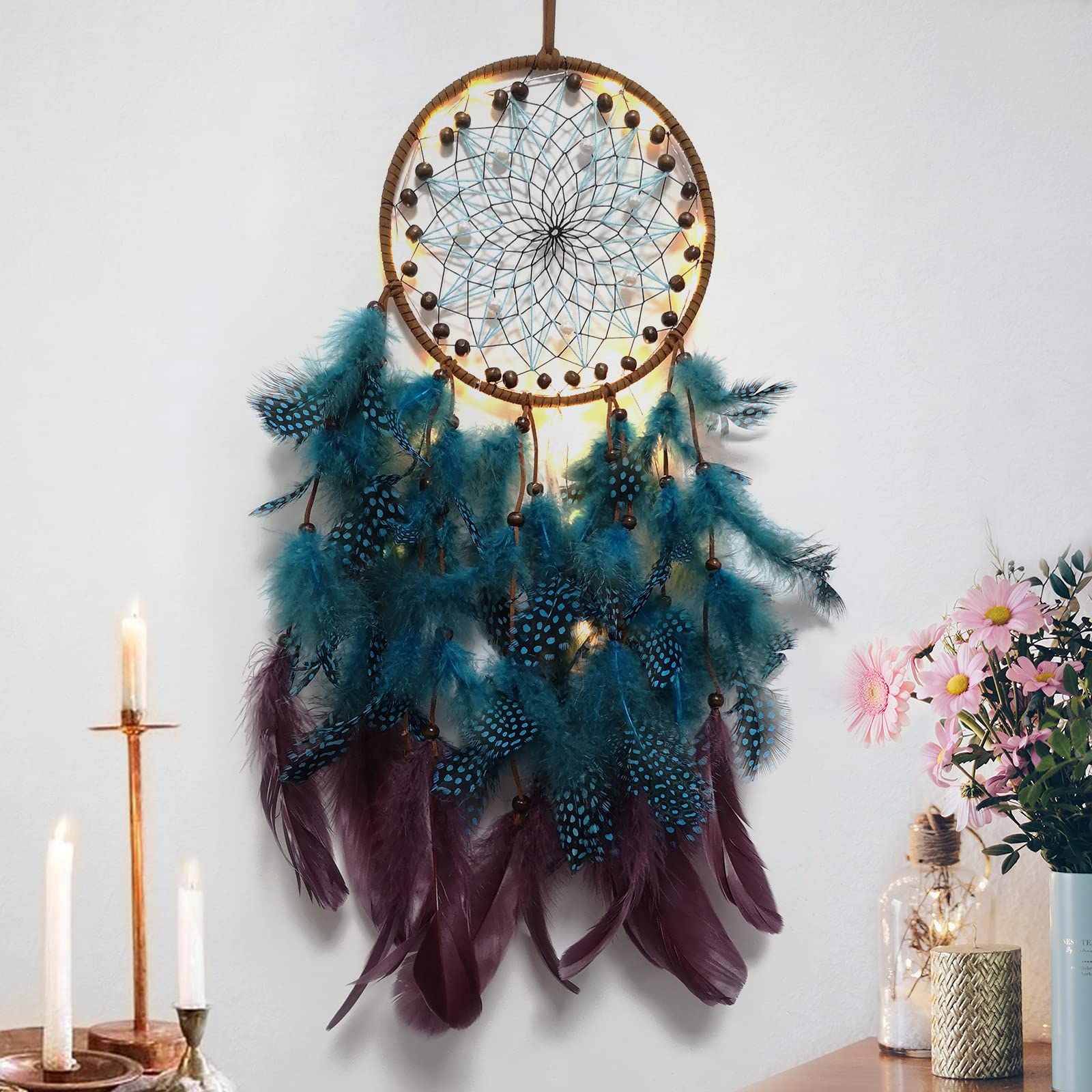 Hongyans Traumfänger mit LED Licht Handgefertigt Dreamcatcher mit Federn Böhmen Dekoration für Schlafzimmer Hochzeit Wandbehang Ornament Mädchen Kinder Geschenk