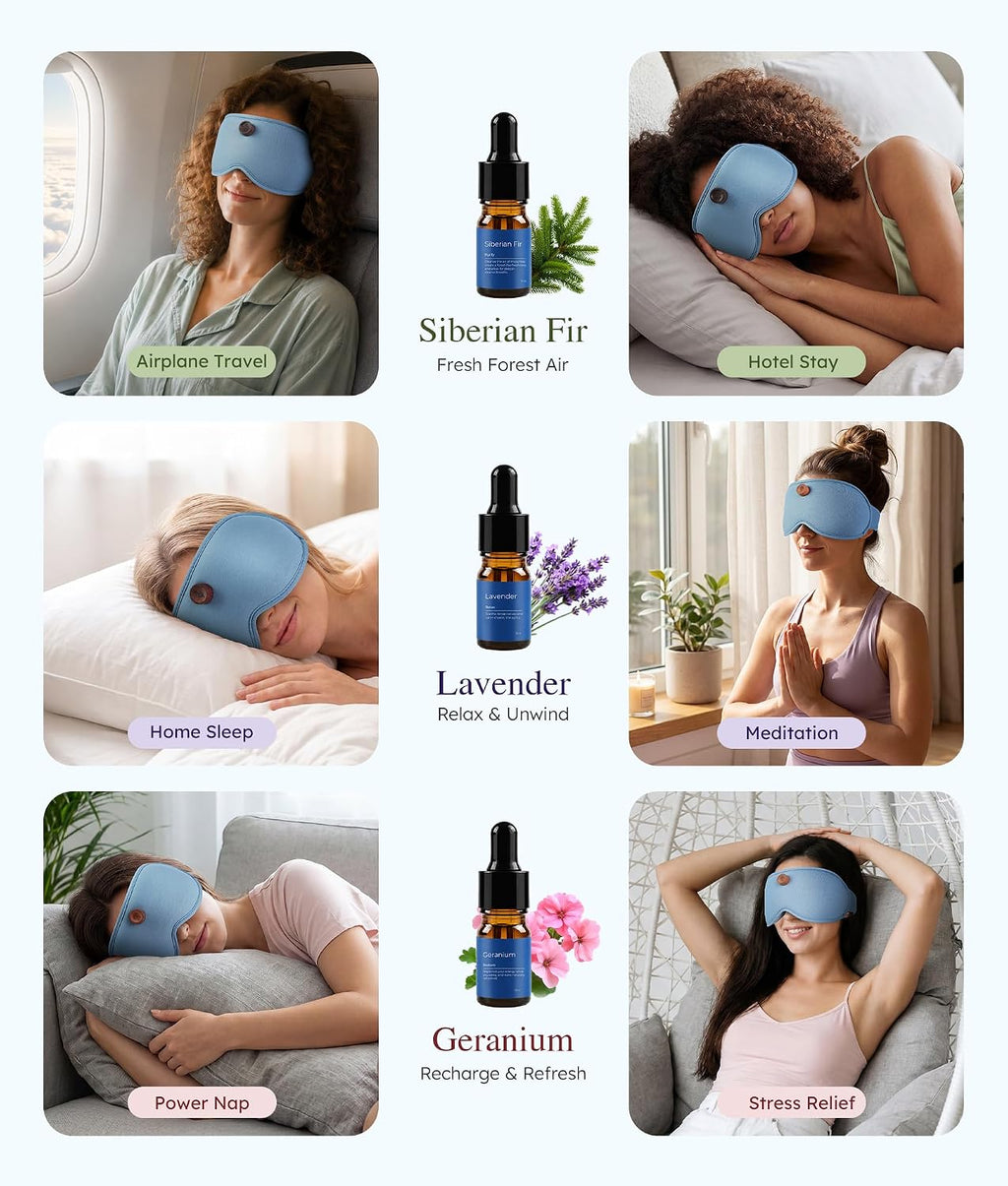 MUSICOZY Aromatherapy Sleep Mask Essential Oil Diffuser 3D Blackout Design | Wood Diffuser with Lavender, Fir, Geranium Oils, Adjustable Strap, Bamboo Fiber Comfort for Sleeping Meditation Relaxation