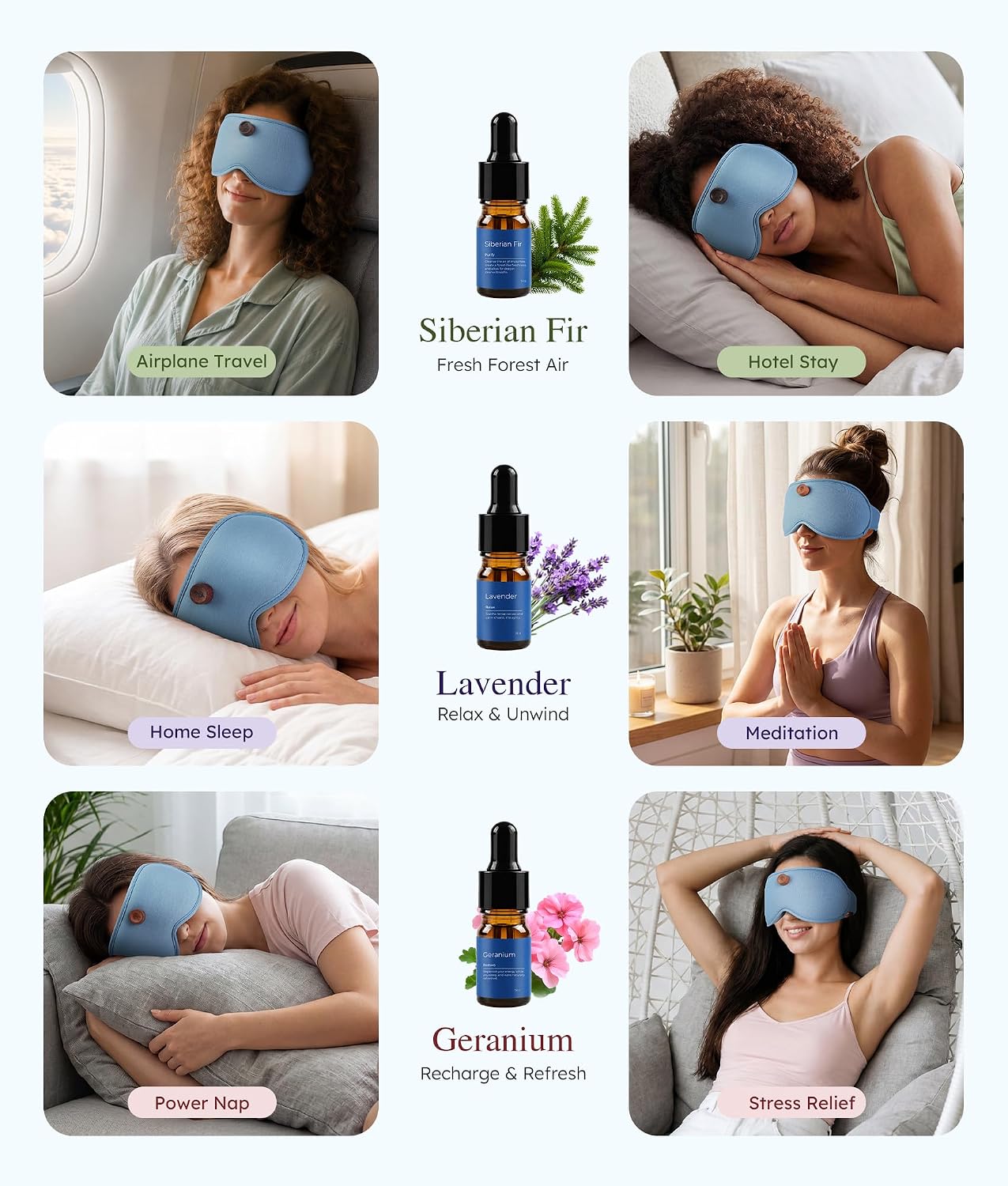 MUSICOZY Aromatherapy Sleep Mask Essential Oil Diffuser 3D Blackout Design | Wood Diffuser with Lavender, Fir, Geranium Oils, Adjustable Strap, Bamboo Fiber Comfort for Sleeping Meditation Relaxation
