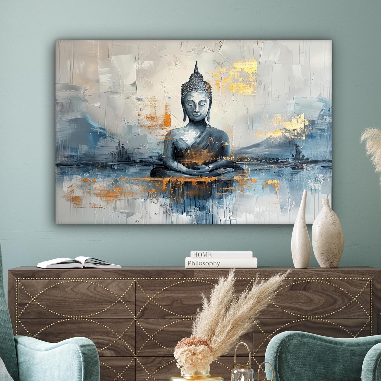 MuchoWow© Wall Pictures Large 120 x 80 cm XXL Bedroom Home Decoration Home Picture Living Room Photo Canvas Wall Pictures Canvas Wall Decor Buddha - Zen - Gold - Luxury - Spiritual