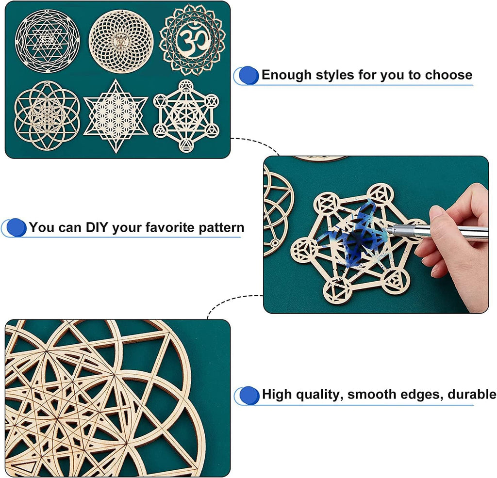 CHGCRAFT 6 Sets 6 Stil 3,96 Zoll Heilige Geometrie Wandkunst Set Meditation Chakra Holz Wandskulptur Blume des Lebens Mandala Holz Kristallgitterplatte Für Yoga Meditationsraum Heimdekoration
