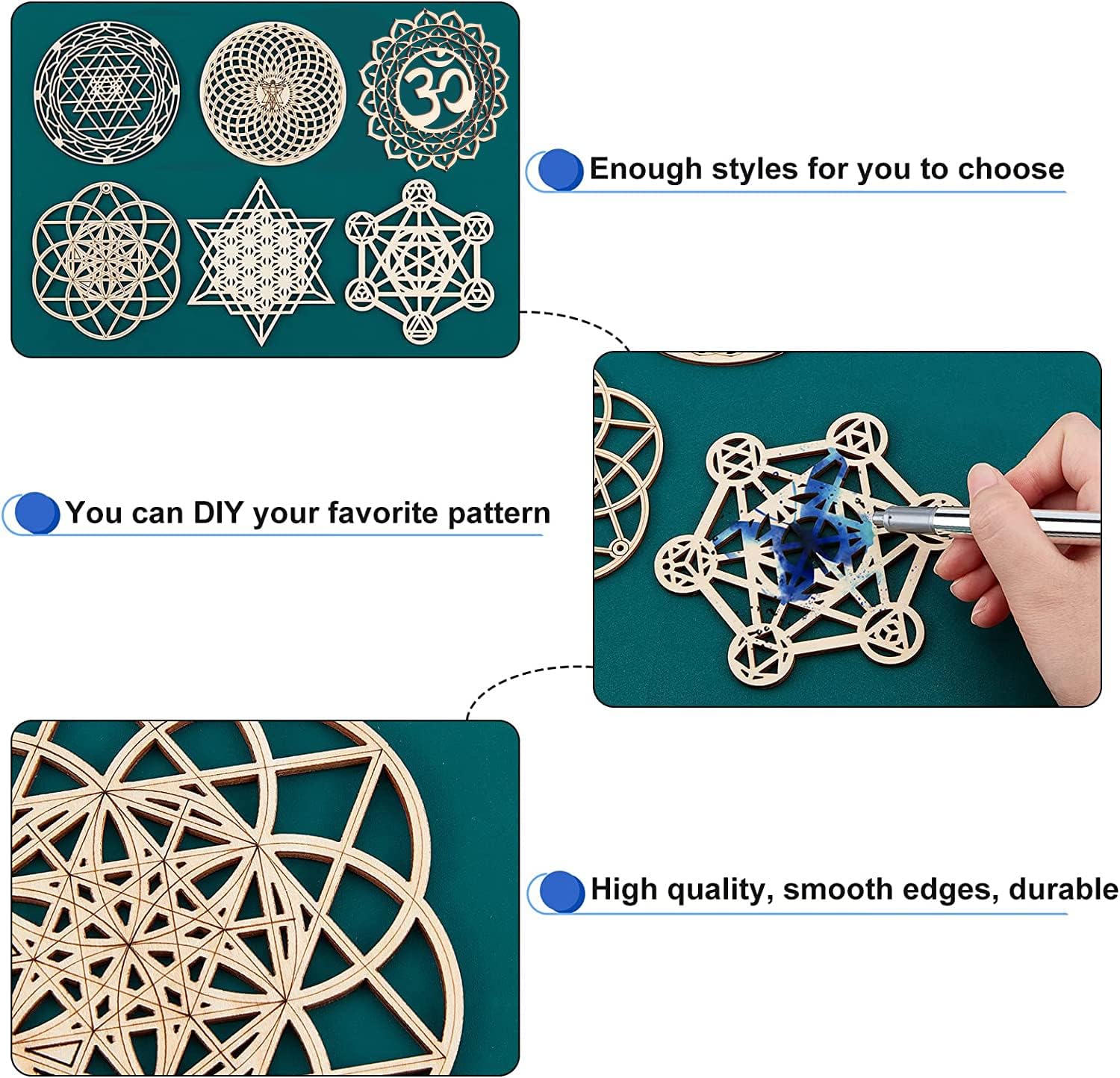 CHGCRAFT 6 Sets 6 Stil 3,96 Zoll Heilige Geometrie Wandkunst Set Meditation Chakra Holz Wandskulptur Blume des Lebens Mandala Holz Kristallgitterplatte Für Yoga Meditationsraum Heimdekoration