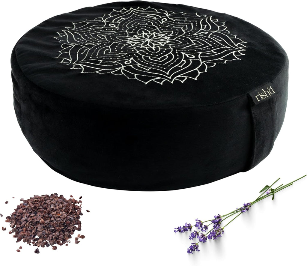 Black Velvet Embroidered Meditation Cushion - Buckwheat Filled with Lavender and Removable Foam Pad - Ideal for Yoga, Stress Relief, Mindfulness, and Holistic Living