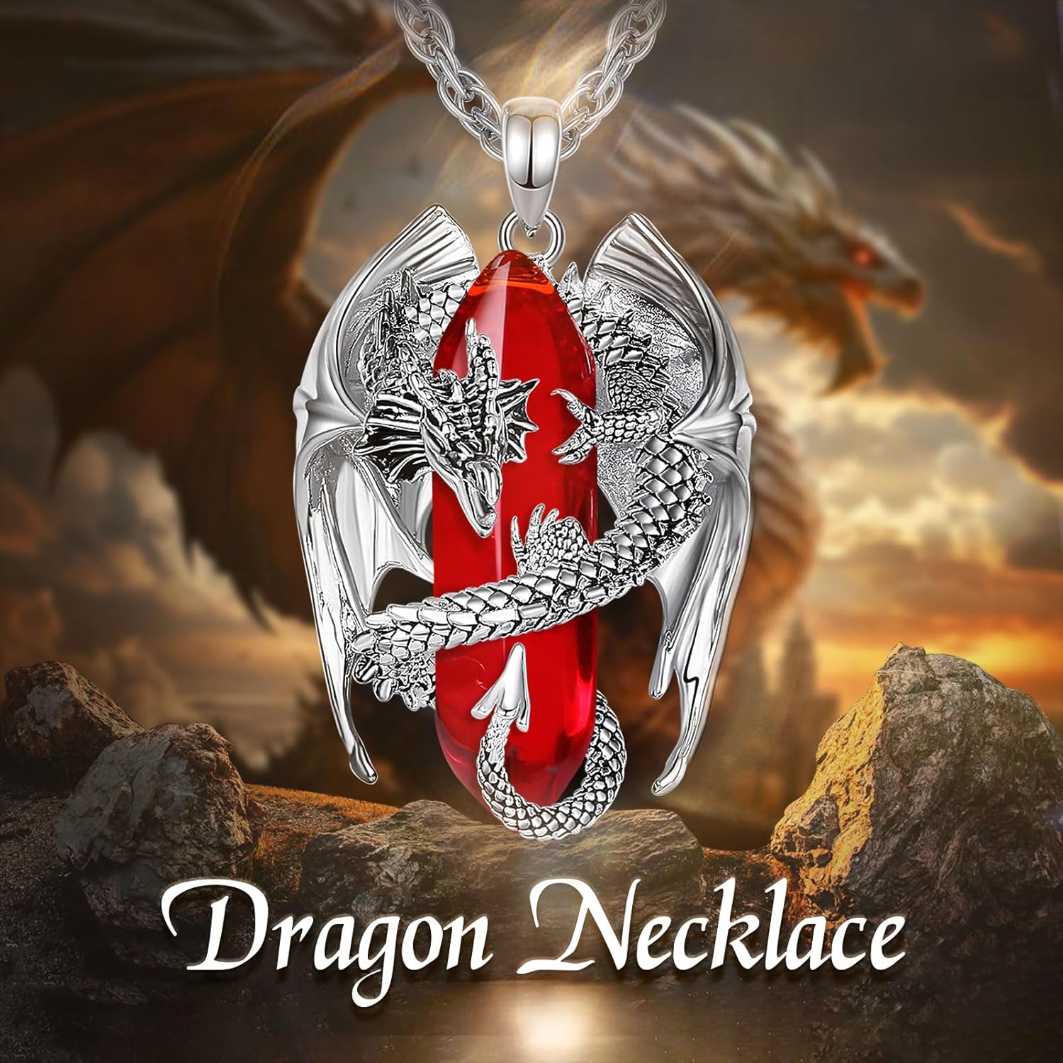 INFUSEU Kristall Drachen Kette, Nordischer Drache Gewickelter Zylinder Edelstein Kristall Anhänger Sechseckiger Heilkristall Anhänger Gothic Naturkristall-Schmuck Geschenk für Männer Frauen