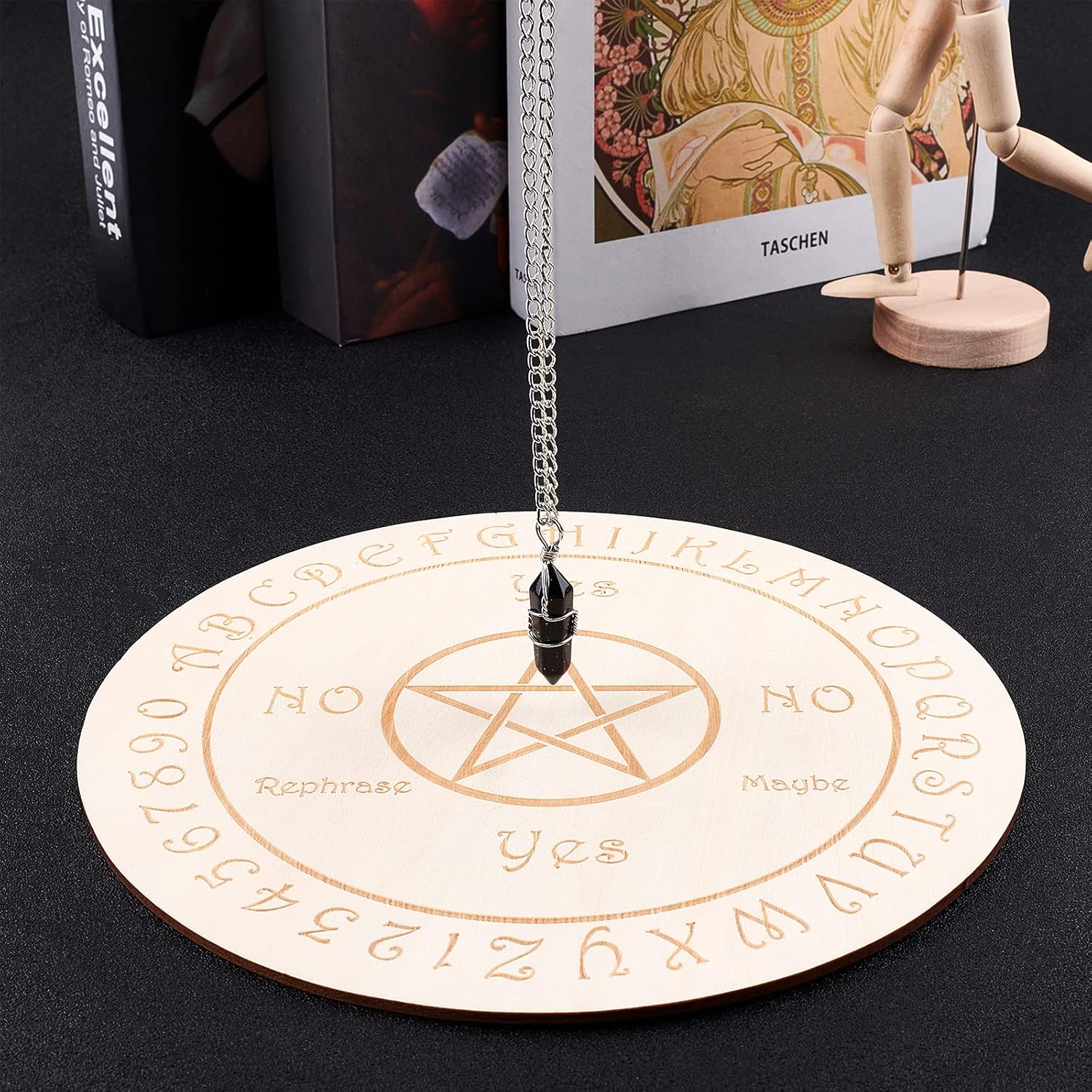 GORGECRAFT Pattern Texts Pendulum Board Wooden Fortune Telling Metaphysics Message Board Wood Carving Board Fortune Telling Witchcraft Altar Coaster Environmentally Friendly Scald-Proof Flat Round