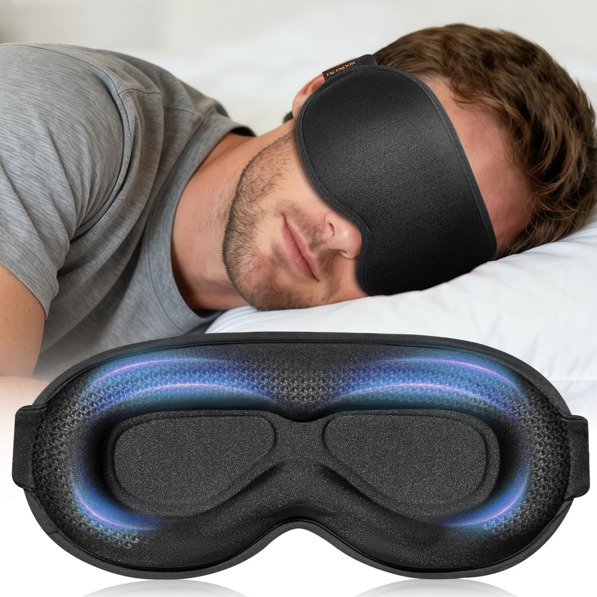 3D Blackout Weighted Eye Mask for Sleep, Airplane Travel Essential | Long flights, road trips, gentle weighted comfort, deep cups, lash-friendly, adjustable strap, daytime naps for men & women