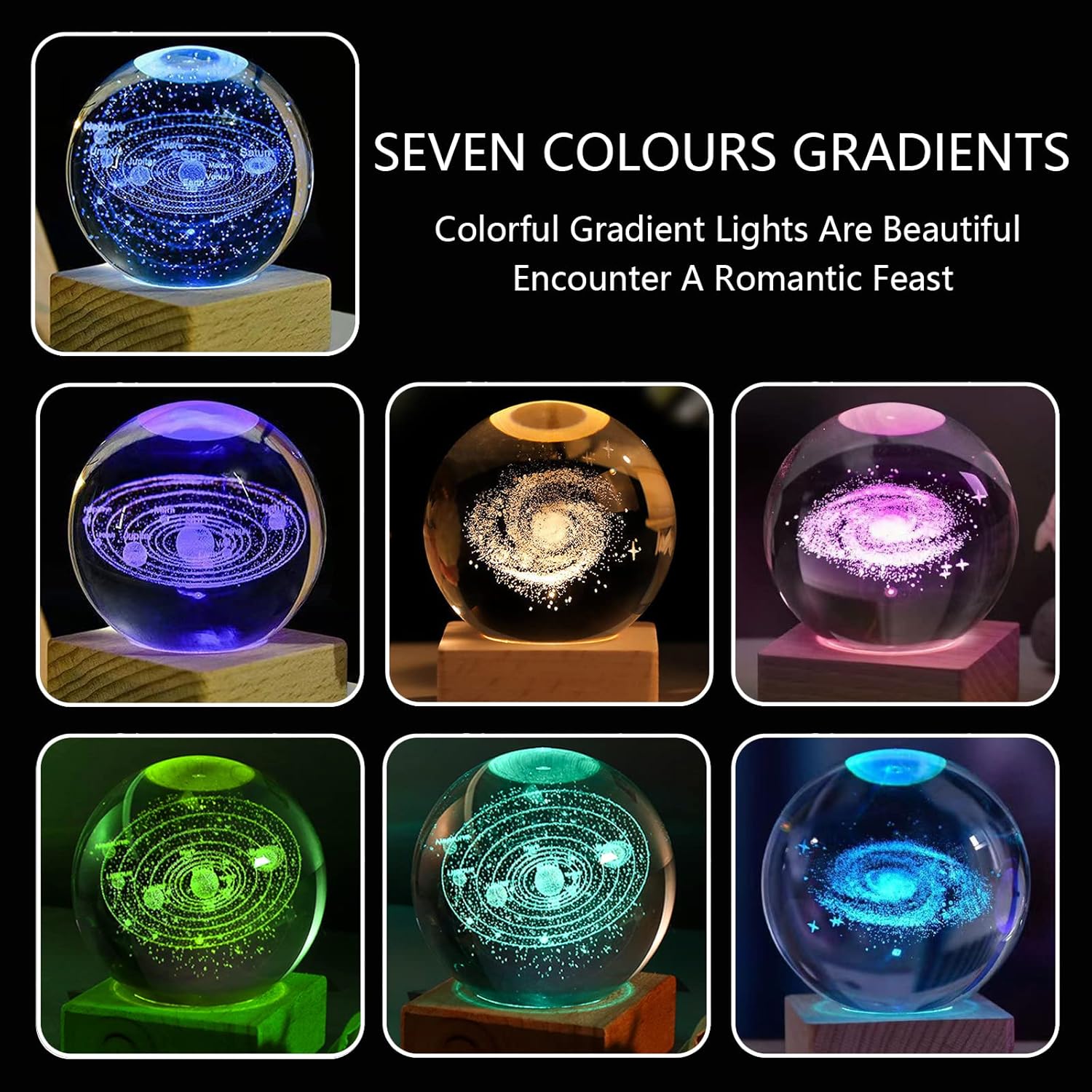 Zoomarlous 3D Crystal Ball Night Light, USB 3D Moon Crystal Ball Night Light, Creative Night Scene, Astronomy LED Ball Lamp, with Wooden Base