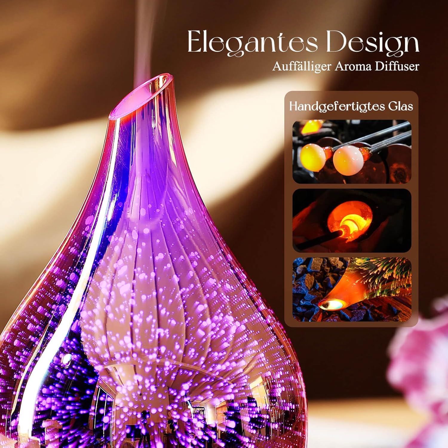 Porseme Aroma Diffuser Luftbefeuchter 150ml,Handgeblasen 3D Luftbefeuchter Ultraschall Leise 7 farbwechselnde LEDs Raumbefeuchter BPA Frei für Wohnung Yoga SPA mit Timer (Rose Gold)