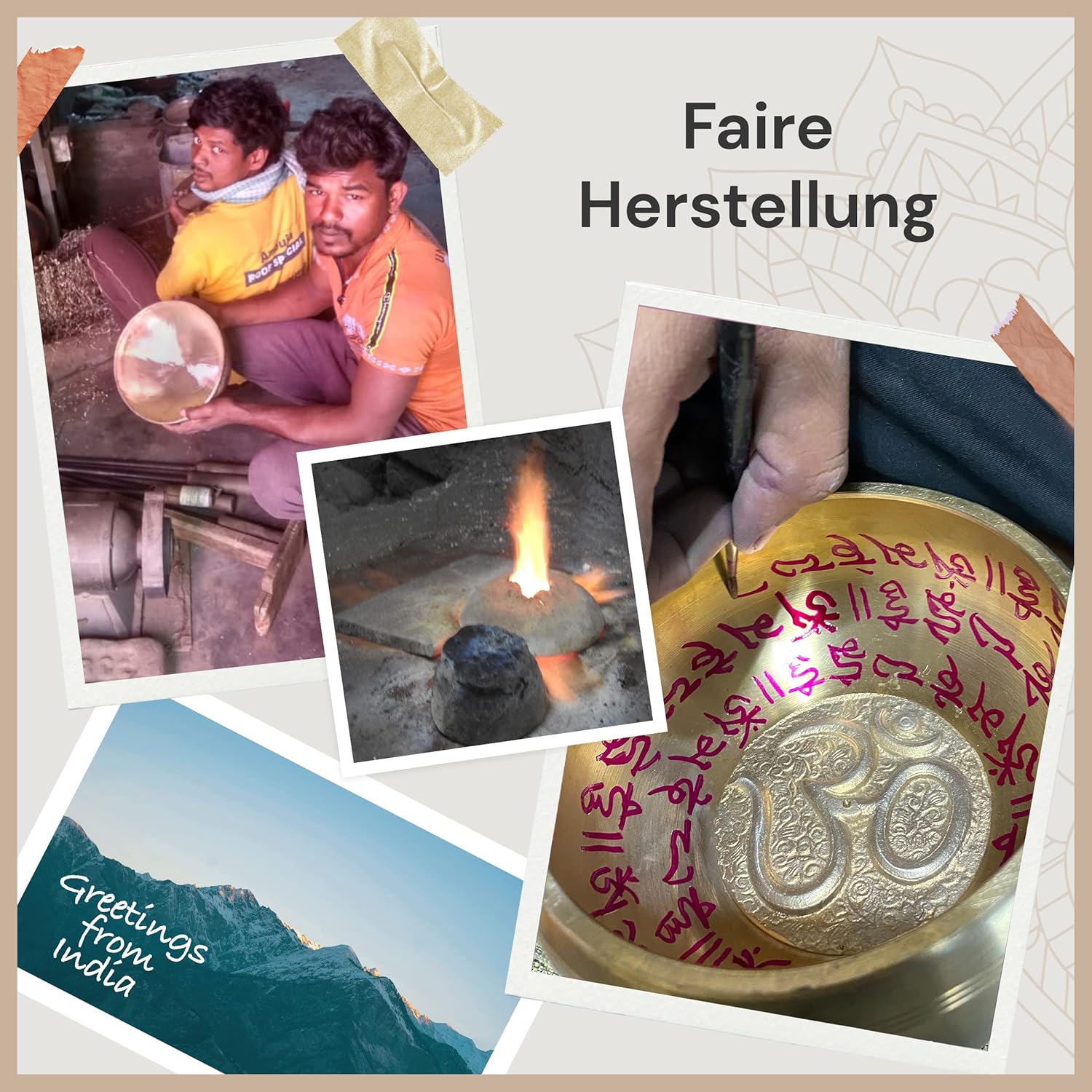 Tibetisches Klangschale-Set Om für Yoga, Meditation und Entspannung - handbemalte Tibetische Klangschale Ø 16 cm, Doppel-Schlägel mit Filz und Leder, Ring-Kissen, Beutel und Anleitung