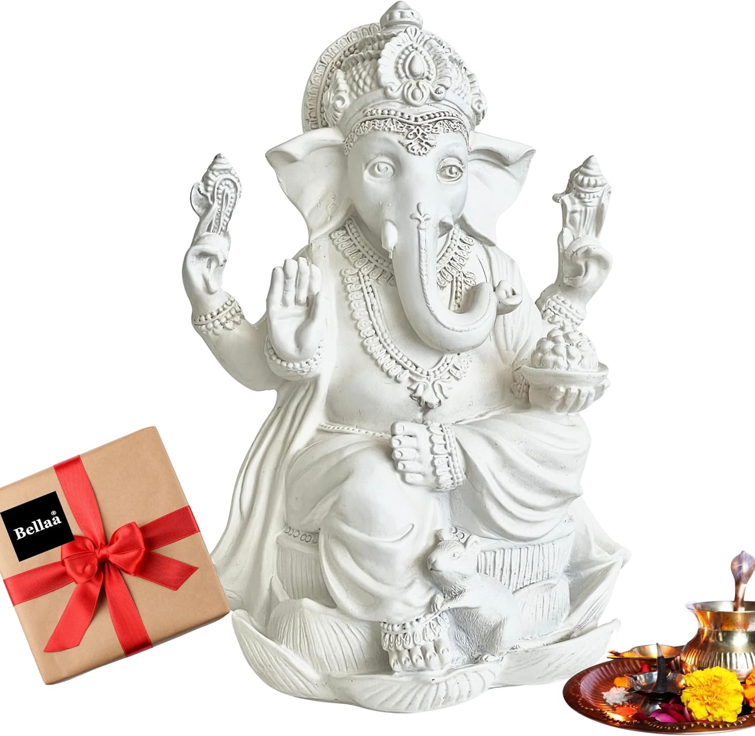 Bellaa Ganesha Statue 7 Inch, Hindu God, Ganpati, Vinayaka, Murti Marble Powder Sculpture, Meditation Room, Spiritual Blessing Good Luck Gift 20957