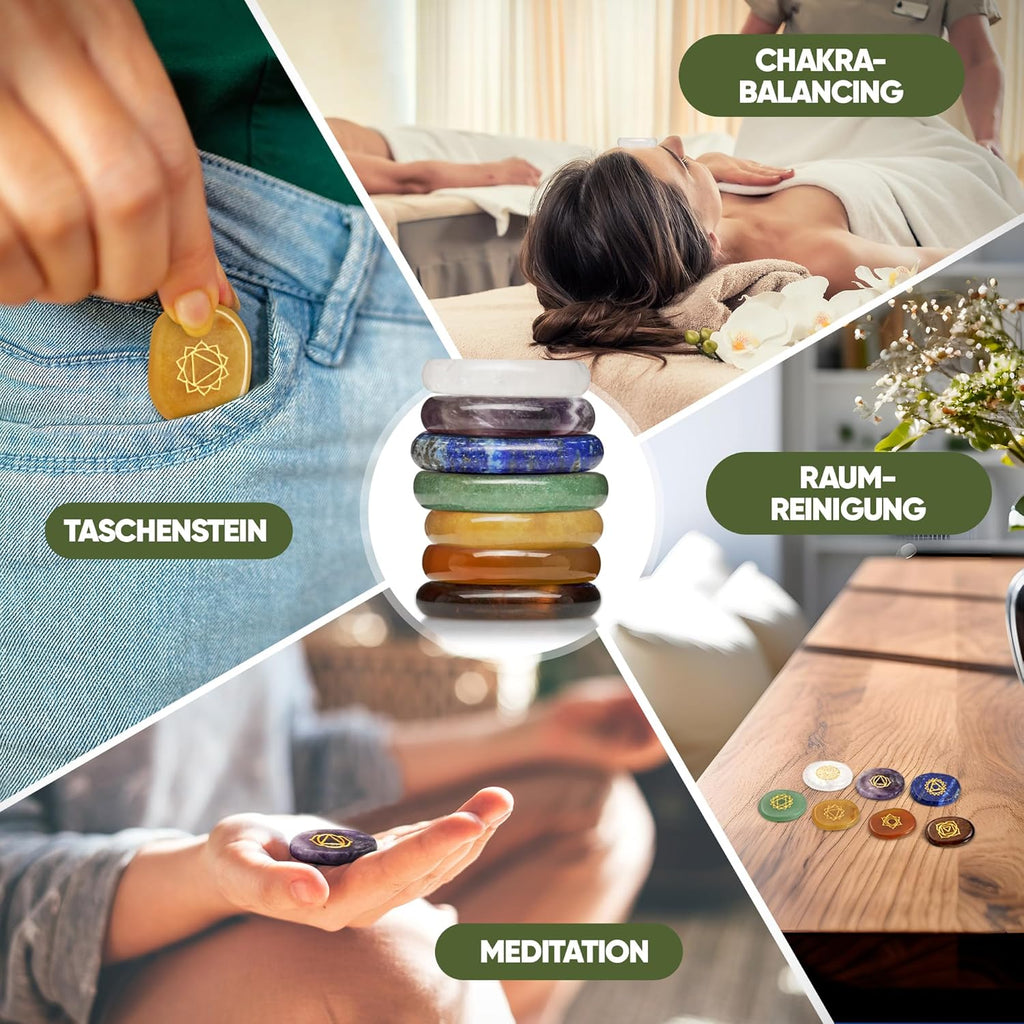 PURAJA Premium Chakra Set mit den 7 wichtigsten Edelsteinen | Heilsteine Set aus echten Edelsteinen | Chakren Steine mit eingravierten Symbolen | Handgefertigte Heilsteine für Meditation