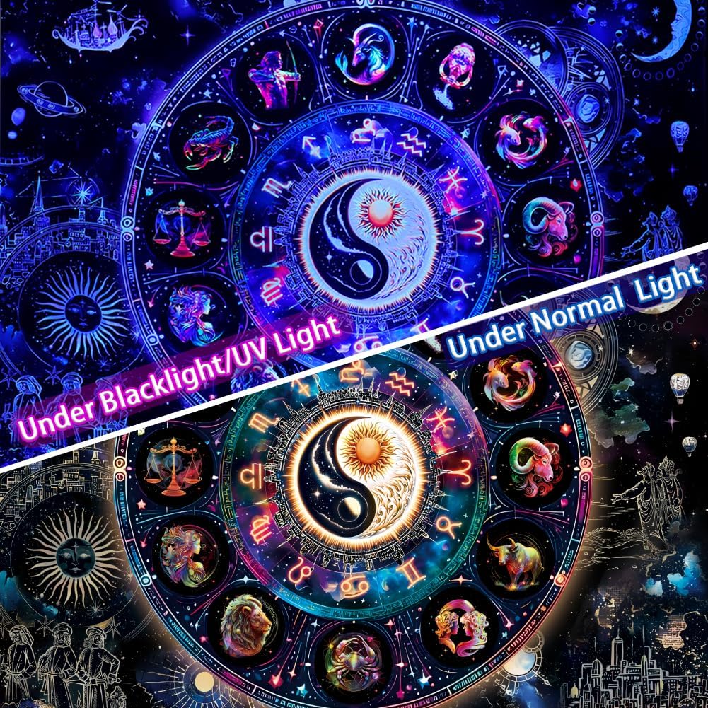 Lahasbja Blacklight Constellation Tapestry UV Reactive Sun and Moon Tapestries Spiritual Zodiac Astrology Wall Tapestries Galaxy Wall Decor Mystic Yin Yang Wall Hanging for Bedroom